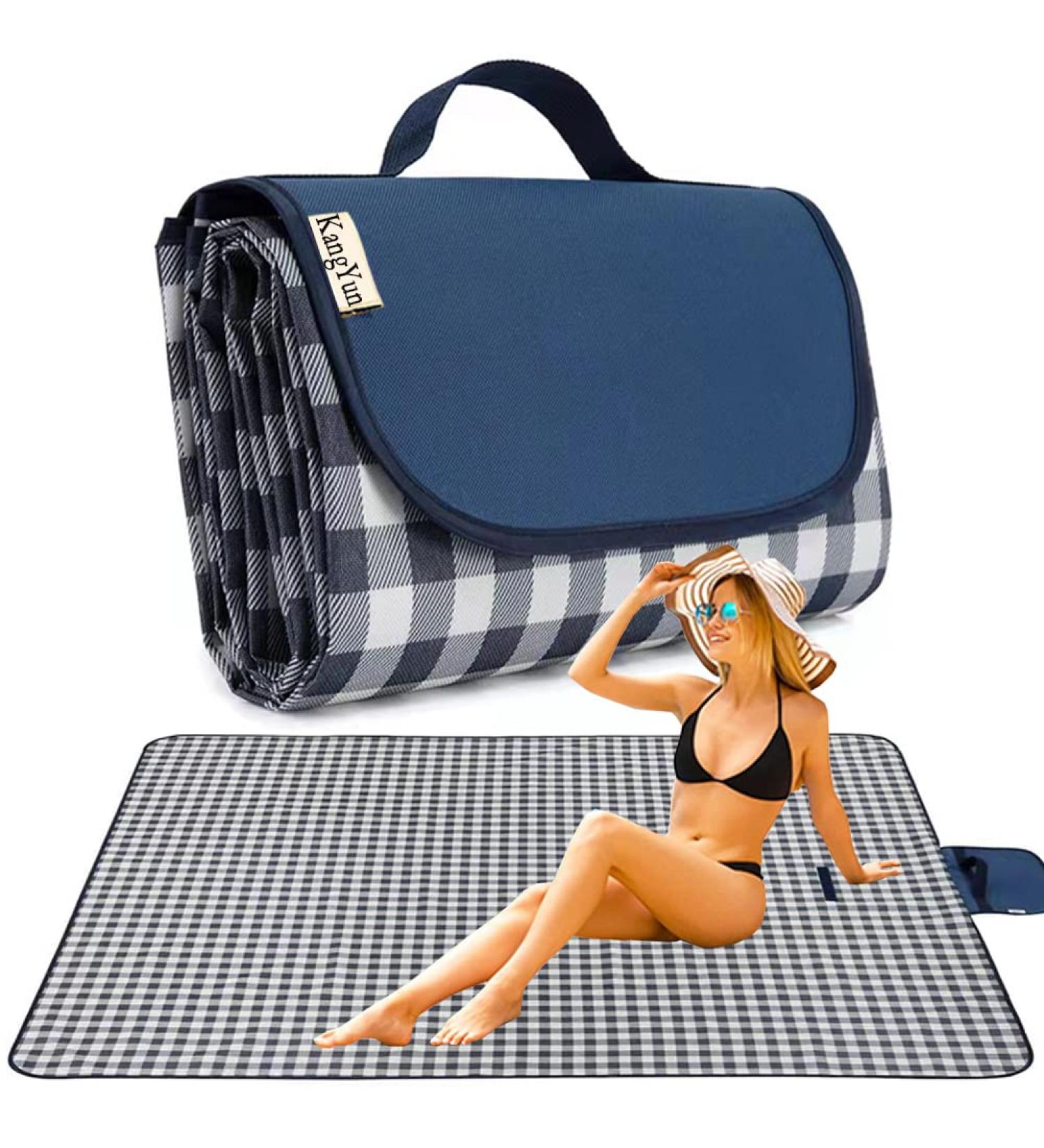 Sandproof Waterproof Picnic Blanket|Beach Mat|Large Outdoor Indoor Mat 80 x 57 for Travel, Camping, Hiking|Machine Washable Foldable|Dark Blue Plaid - Buy Online on GoSupps.com