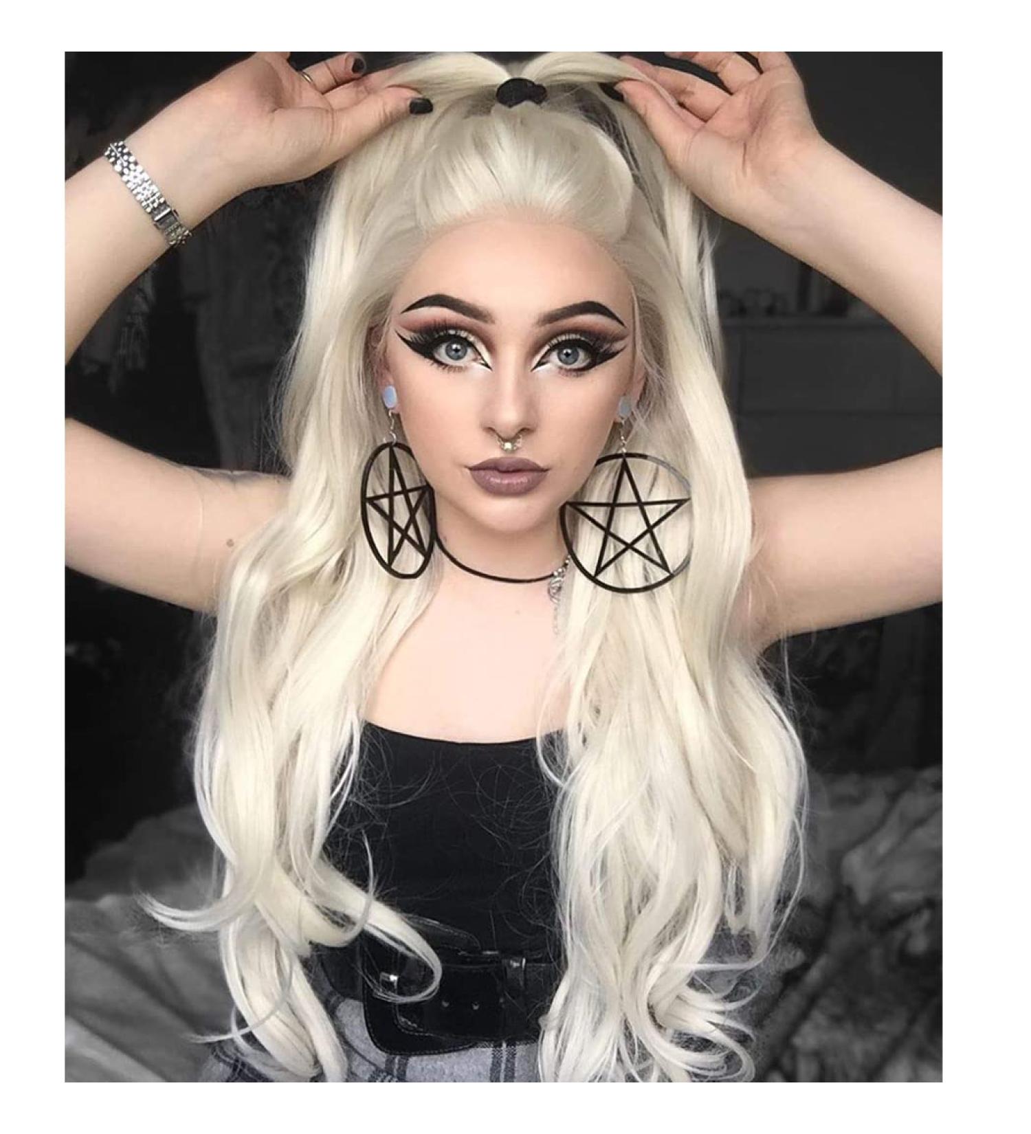 Tantako long platinum blonde wig with a small deeper middle part lace wavy white blonde lace front wig for women daily synthetic wig (364 blonde)