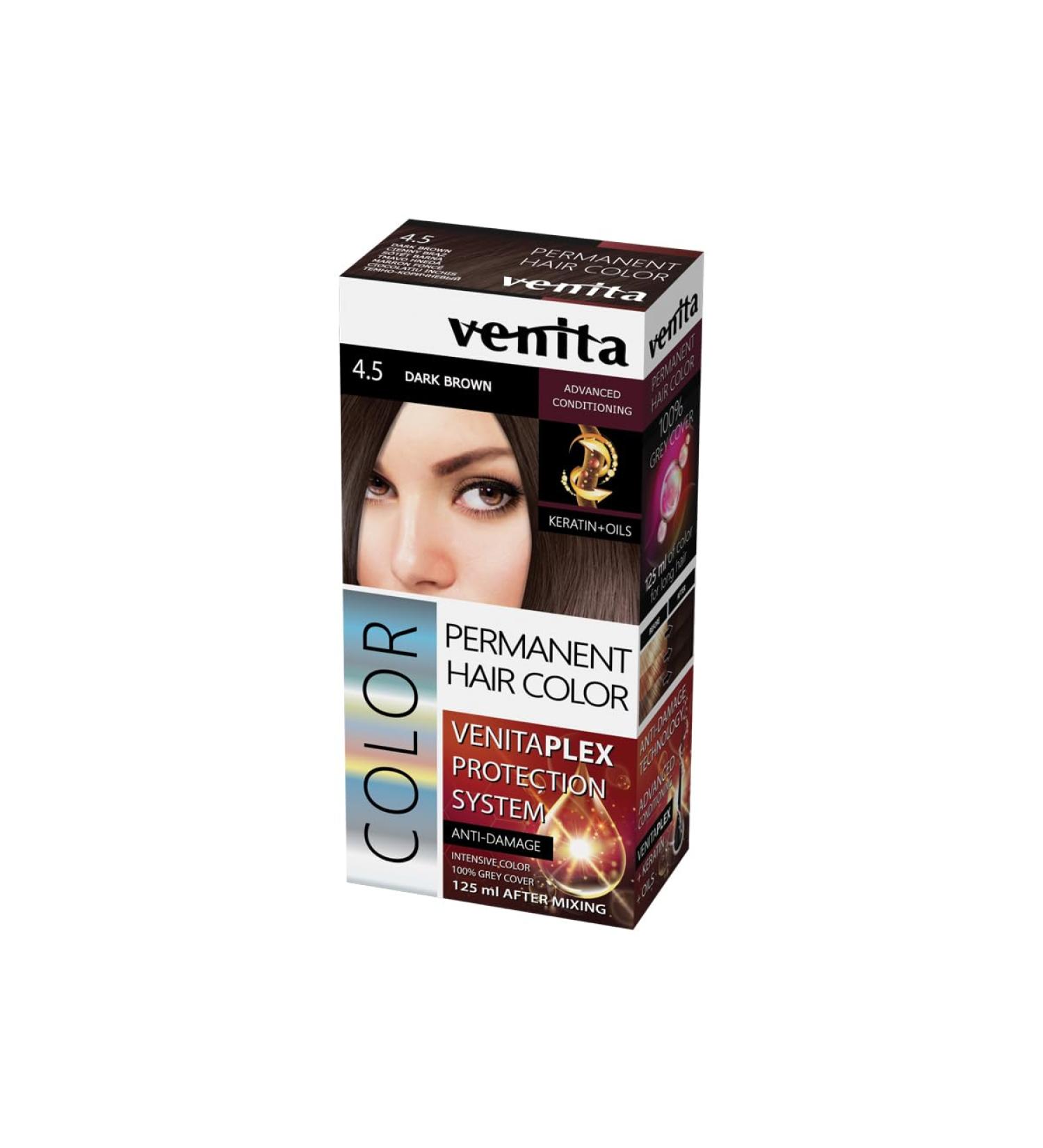 Venita VENITA PLEX Dark Brown/Dark Brown 4.5 HIGH QUALITY INTENSE PERMANENT HAIR DYE WITH KERATIN AND NATURAL OILS WITH HAIR PROTECTION SYSTEM 3 PLY 125ml