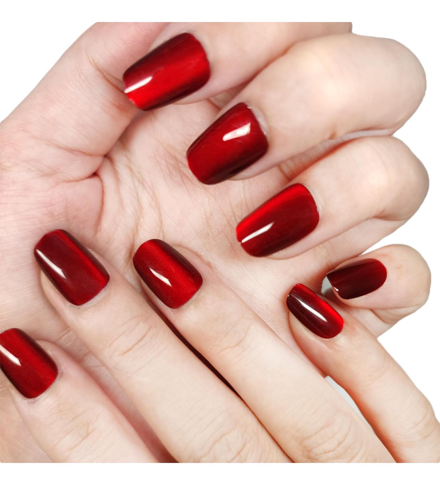 Cat Eye Short Squoval Nails - Shimmery Ruby Red Press-On False Nails | 24 Reusable Fake Nails with Adhesive Tabs - International Shipping Available - Buy Online on GoSupps.com