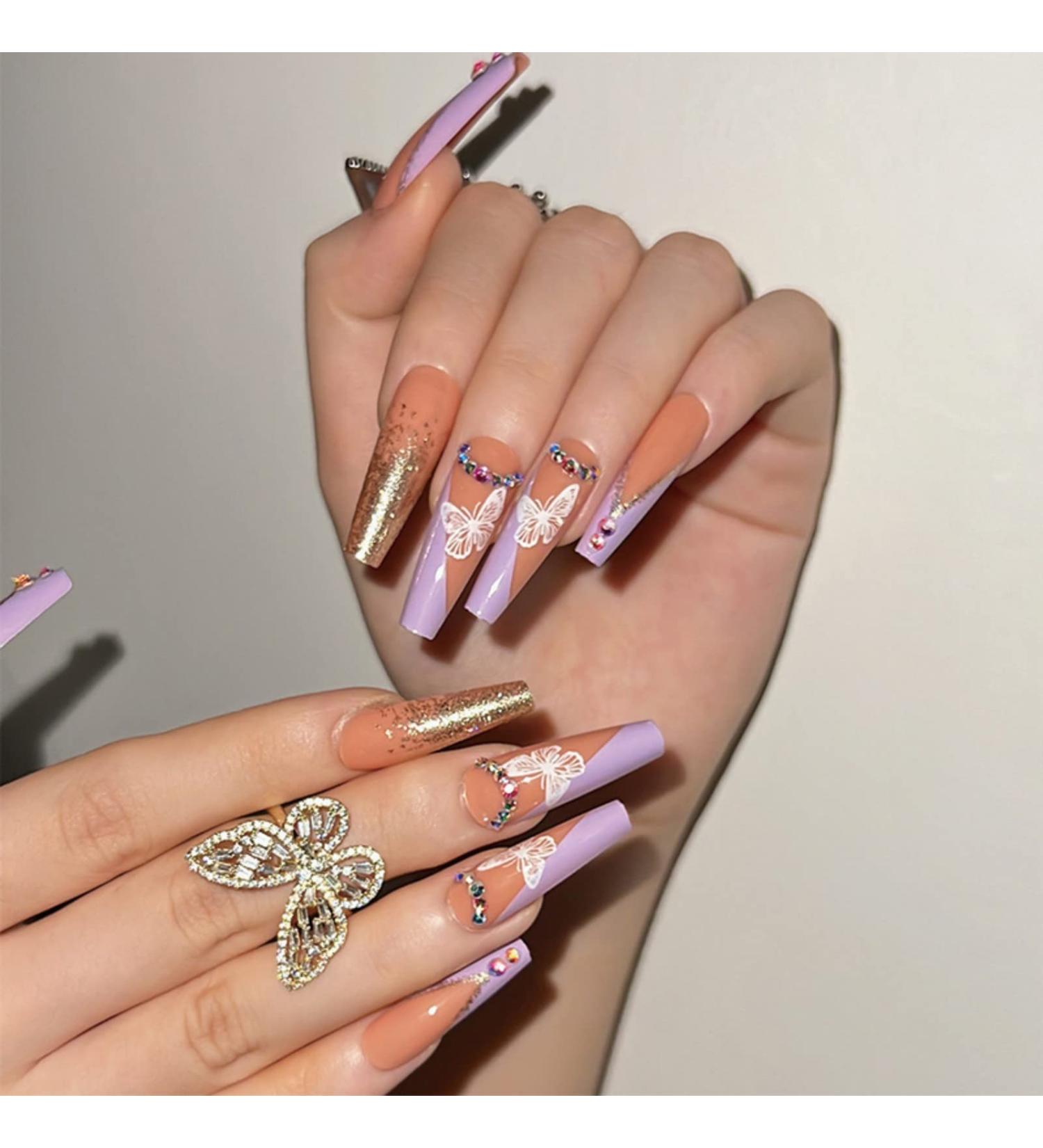 Justotry 24 Pcs Butterfly Fake Nails - Long Purple French Press on Nails with Diamante Accents | Medium Acrylic Coffin False Nails for Women | Includes Nail Glue and Nail Art Designs - Buy Online on GoSupps.com