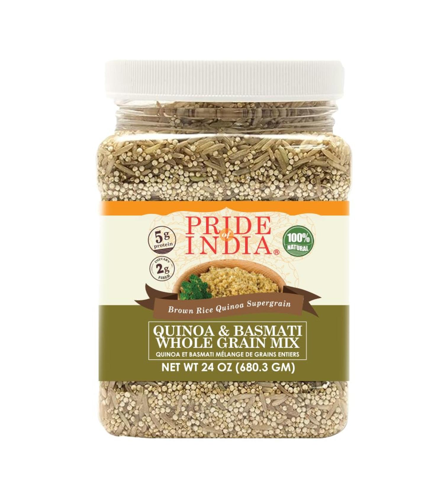 Quinoa and Brown Basmati Rice Whole Grain Mix by Pride of India Organic and Nutritious Farm Fresh Vegan & Vegetarian Friendly Diet Ideas - 24 Oz. Food Grade Storage Jars - Buy Online on GoSupps.com
