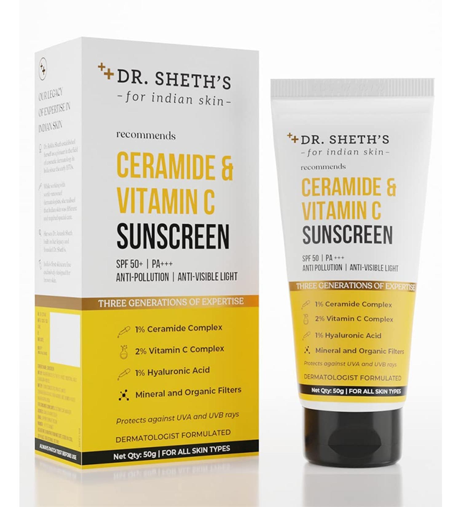 Dr. Sheth's Ceramide & Vitamin C Sunscreen SPF 50+ | UVA UVB Protection | Unisex One Step Routine | 1.76 Oz - Buy Online on GoSupps.com