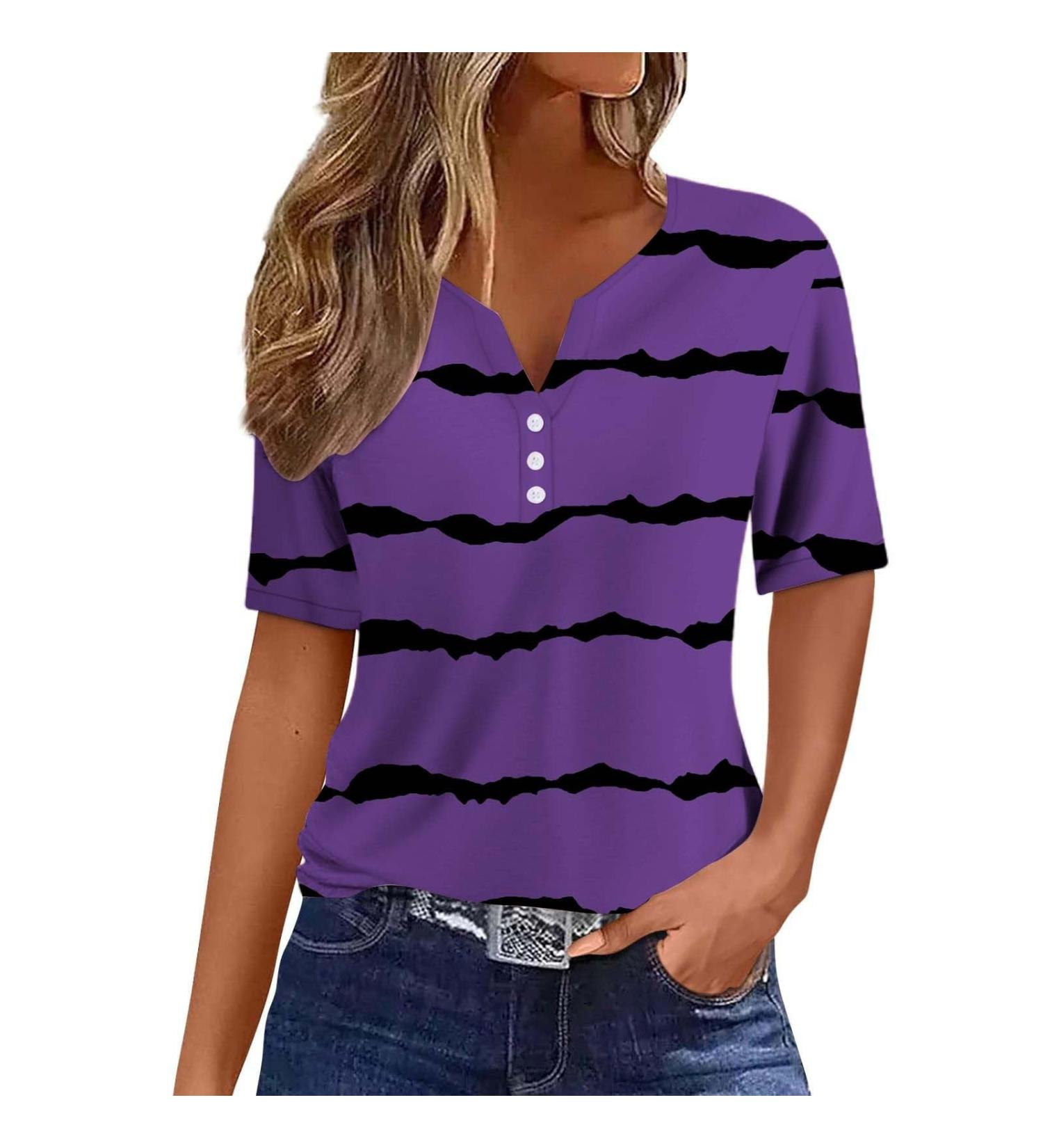 Elegant Women's Summer T-Shirts | Short Sleeve V-Neck Tops | Cotton Sleep Tees in Black White & Purple - Buy Online on GoSupps.com