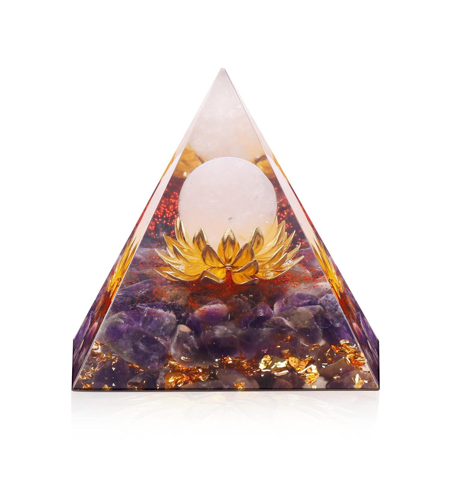Inspirational Flower of Life Rose Quartz Amethyst Orgone Pyramid | Reiki Charged Energy Generator for Protection & Meditation | Purple Orgonite Pyramid - Buy Online on GoSupps.com