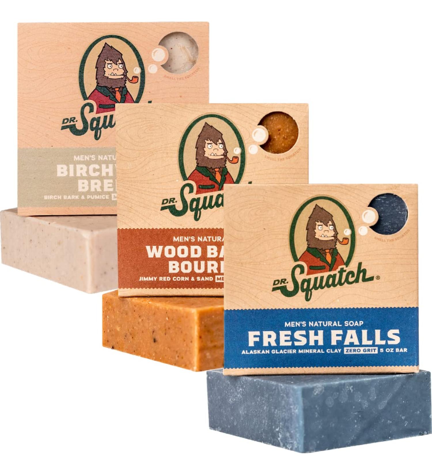 Dr. Squatch Men's Bar Soap Variety Pack - Wood Barrel Bourbon, Fresh Falls, Birchwood Breeze - Buy Online on GoSupps.com