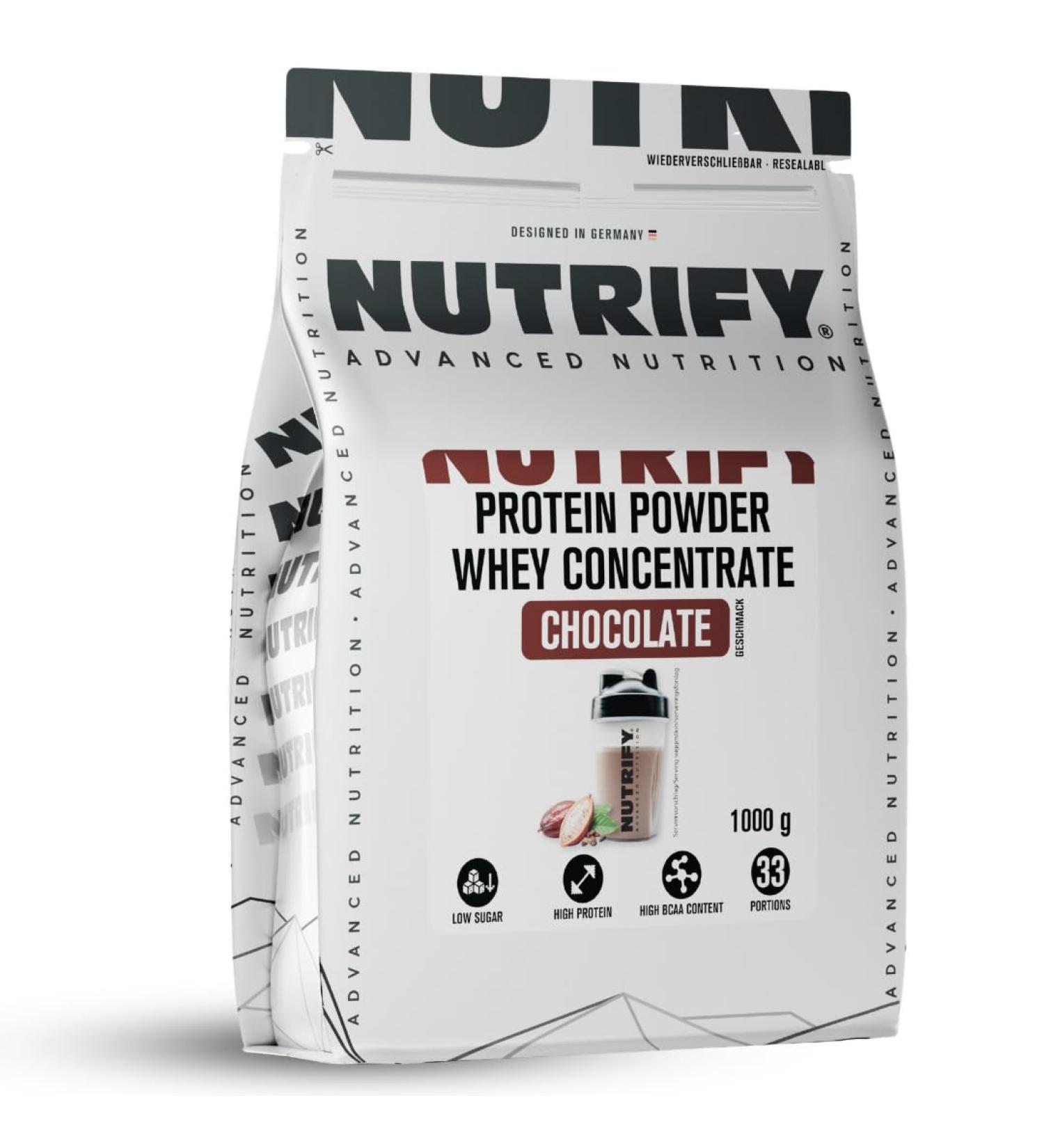 Nutrify Whey Protein Powder Chocolate - 21g Protein Low Sugar Ideal for Muscle & Diet 1kg (33 Portions) - Buy Online on GoSupps.com
