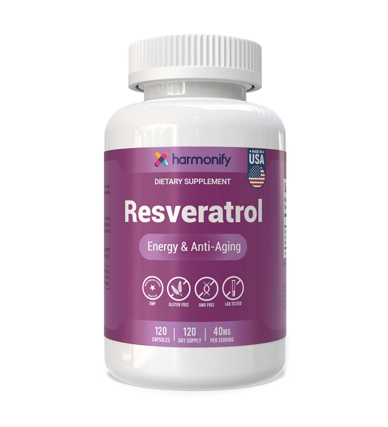 HARMONIFY Resveratrol Supplement - Pure Trans-Resveratrol from Japanese Knotweed - Supports Energy & Anti-Aging - Potent Antioxidant - 120 Capsules for 120 Day Supply - Made in USA Lab Tested - Buy Online on GoSupps.com