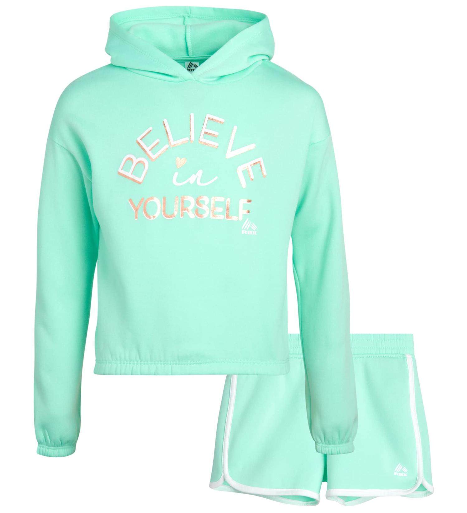 RBX Girls' Active Shorts Set - Mint Believe in Yourself 7/8 - 2 Piece Fleece Crop Hoodie Sweatshirt and Sweat Shorts - Buy Online on GoSupps.com