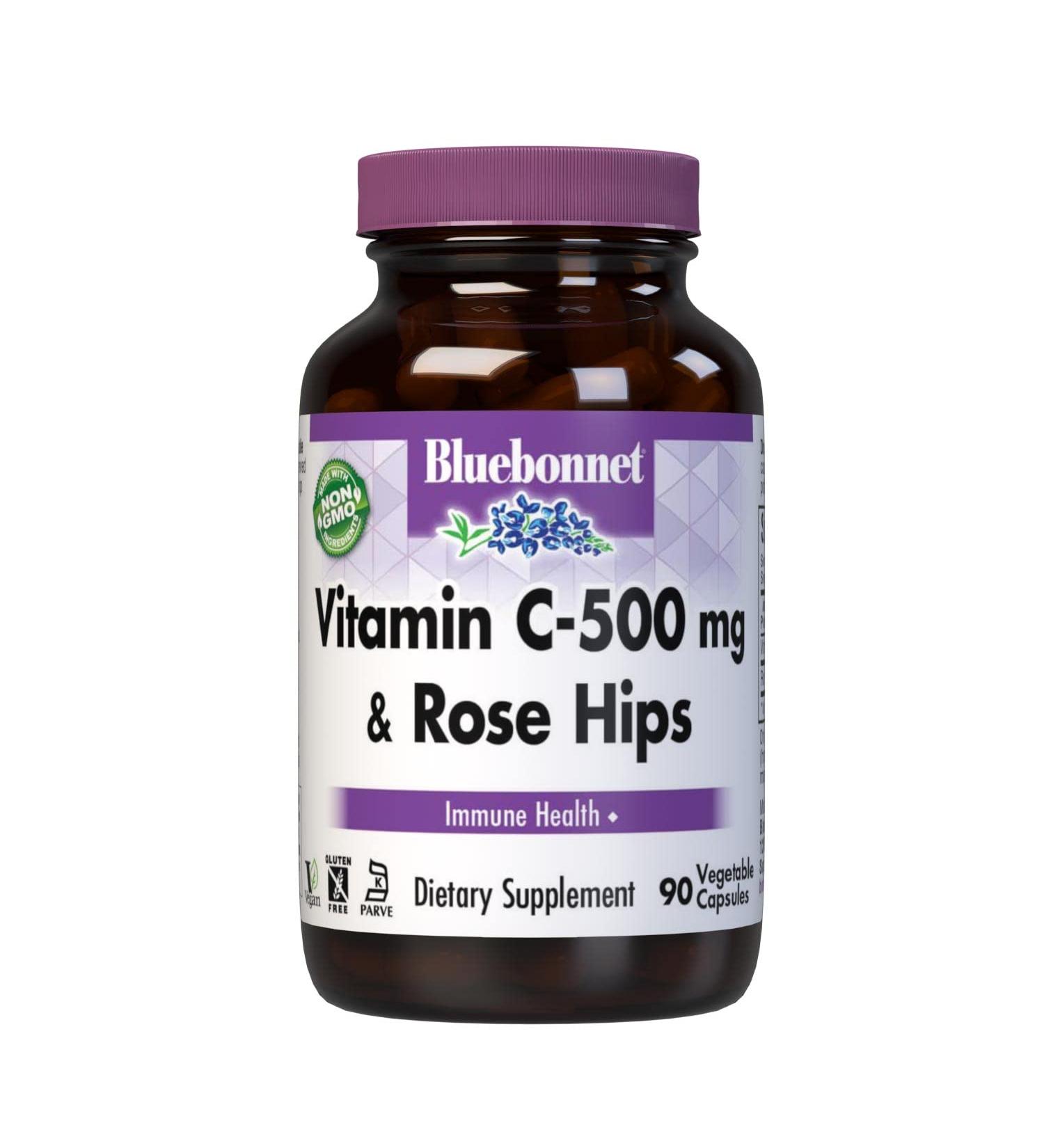 Bluebonnet Nutrition Vitamin C-500 mg Plus Rose Hips Vegetable Capules for Immune Health for Antioxidant Protection Soy Free Gluten Free Non-GMO Kosher Dairy Free Vegan 90 Count 1 90 Count (Pack of 1)