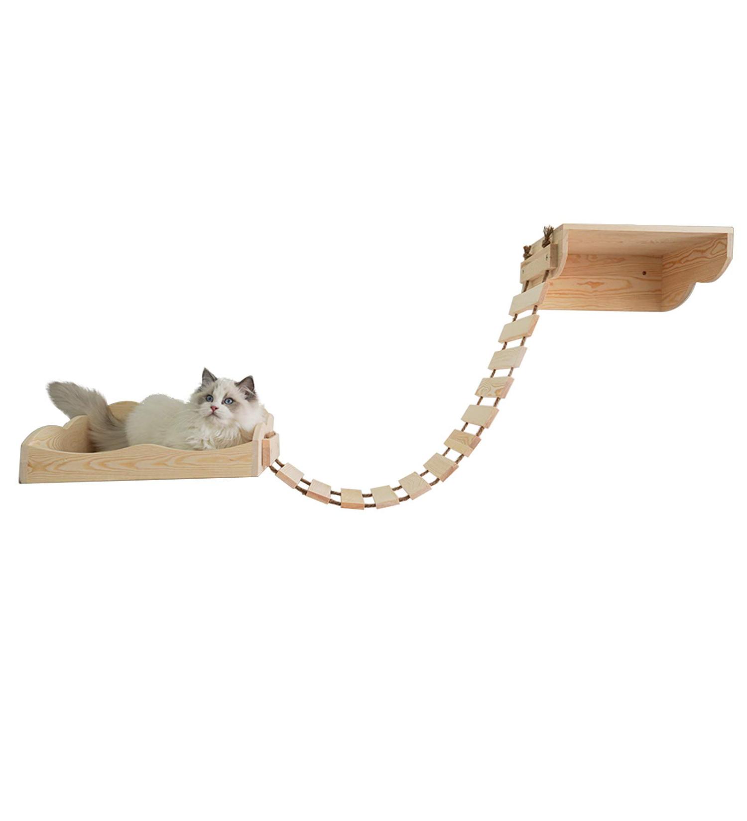 Yiotl Wall-Mounted Cat Shelf Set - Modern Solid Wood Furniture with Hammock, Climbing Bridge, and Cat Mat - Buy Online on GoSupps.com