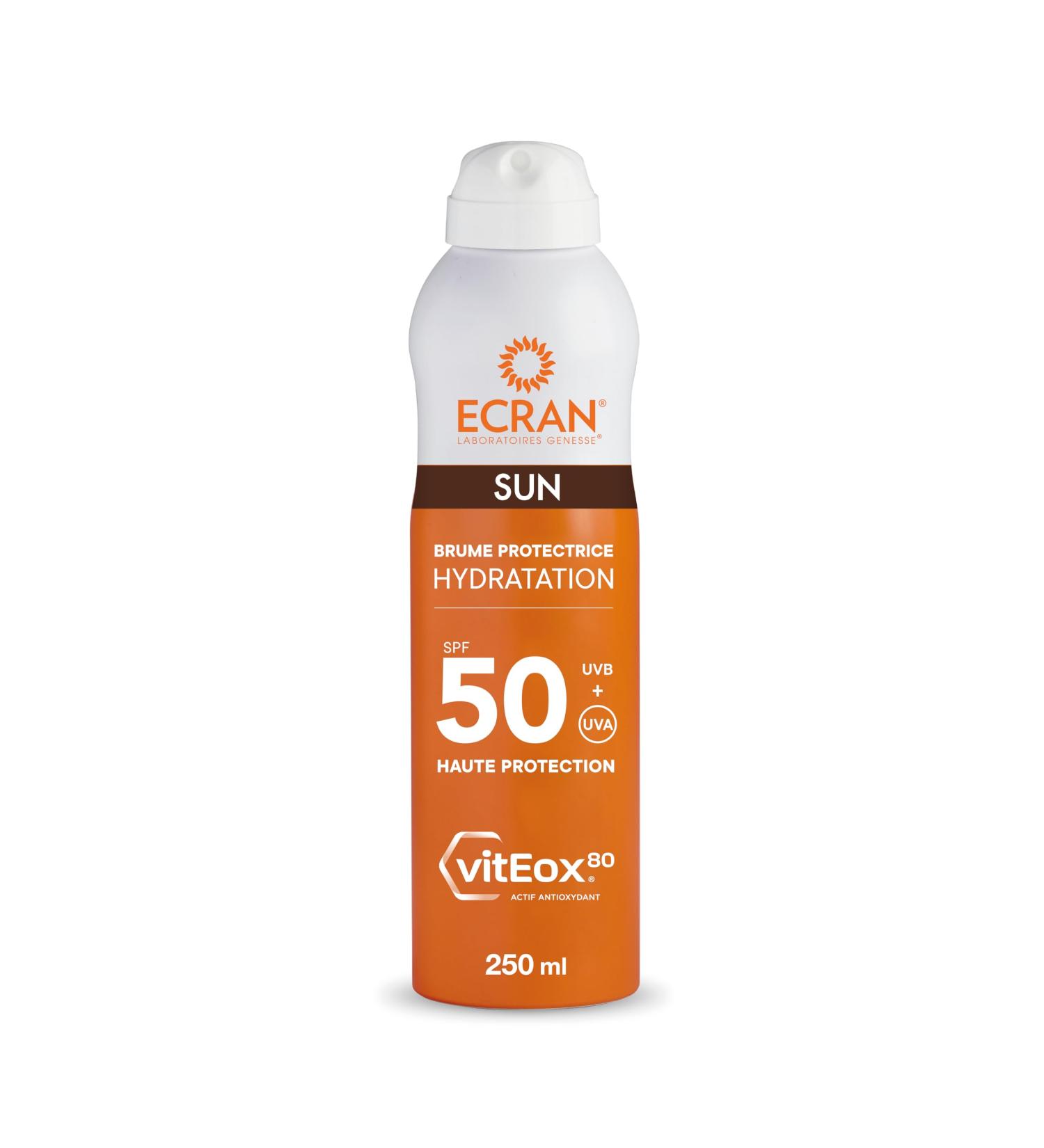 ECRAN - Brume Protectrice Hydratante - Haute Protection - Technologie vitEox80 - Vitamine E - Protection UVA UVB Lumi re Bleue Coups de Soleil - Protection Solaire SPF 50 - Bronzage naturel 250 ml (Lot de 1) - Buy Online on GoSupps.com