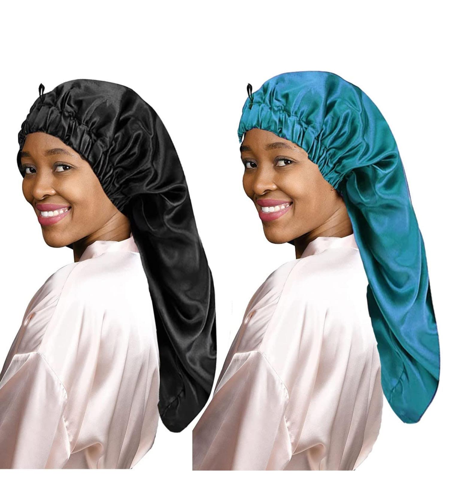 Ladaypoa Long Satin Hair Hood | 2-Piece Silky Sleeping Cap for Women | Extra Large Black & Green Satin Sleeping Hat - Buy Online on GoSupps.com