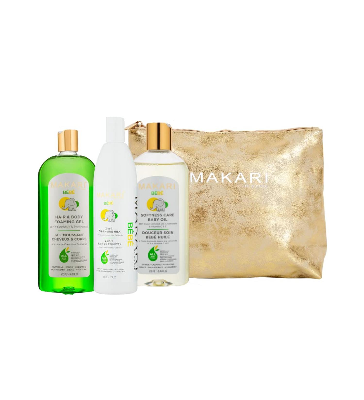 MAKARI Bebe 3 Piece Shower Gift Set | Hypoallergenic Baby Care - Foaming Gel Cleansing Milk & Nourishing Oil - Buy Online on GoSupps.com