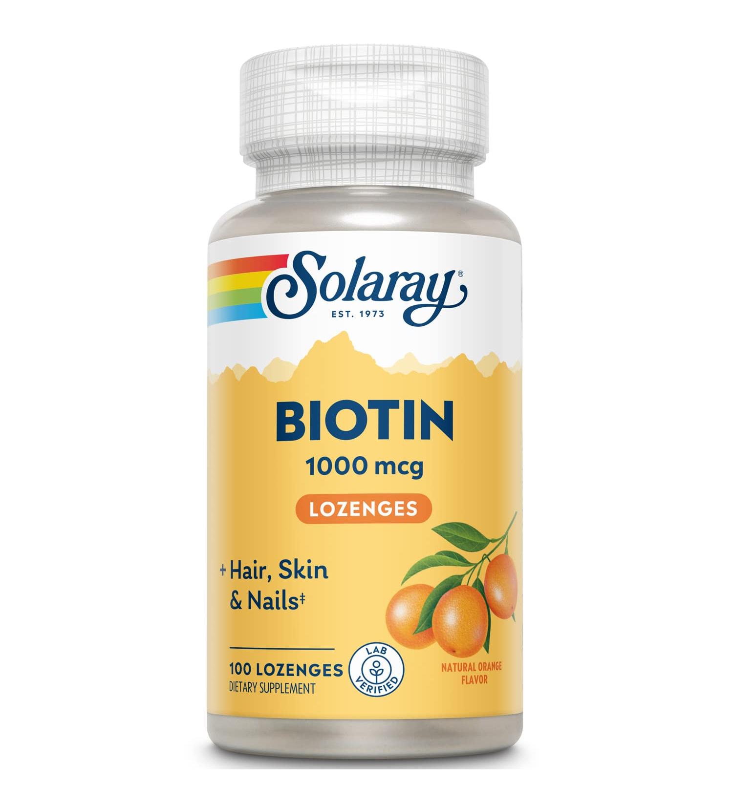 SOLARAY High Potency Biotin 1000mcg Lozenges - Natural Orange Flavor for Healthy Hair, Skin & Nails Support - Buy Online on GoSupps.com
