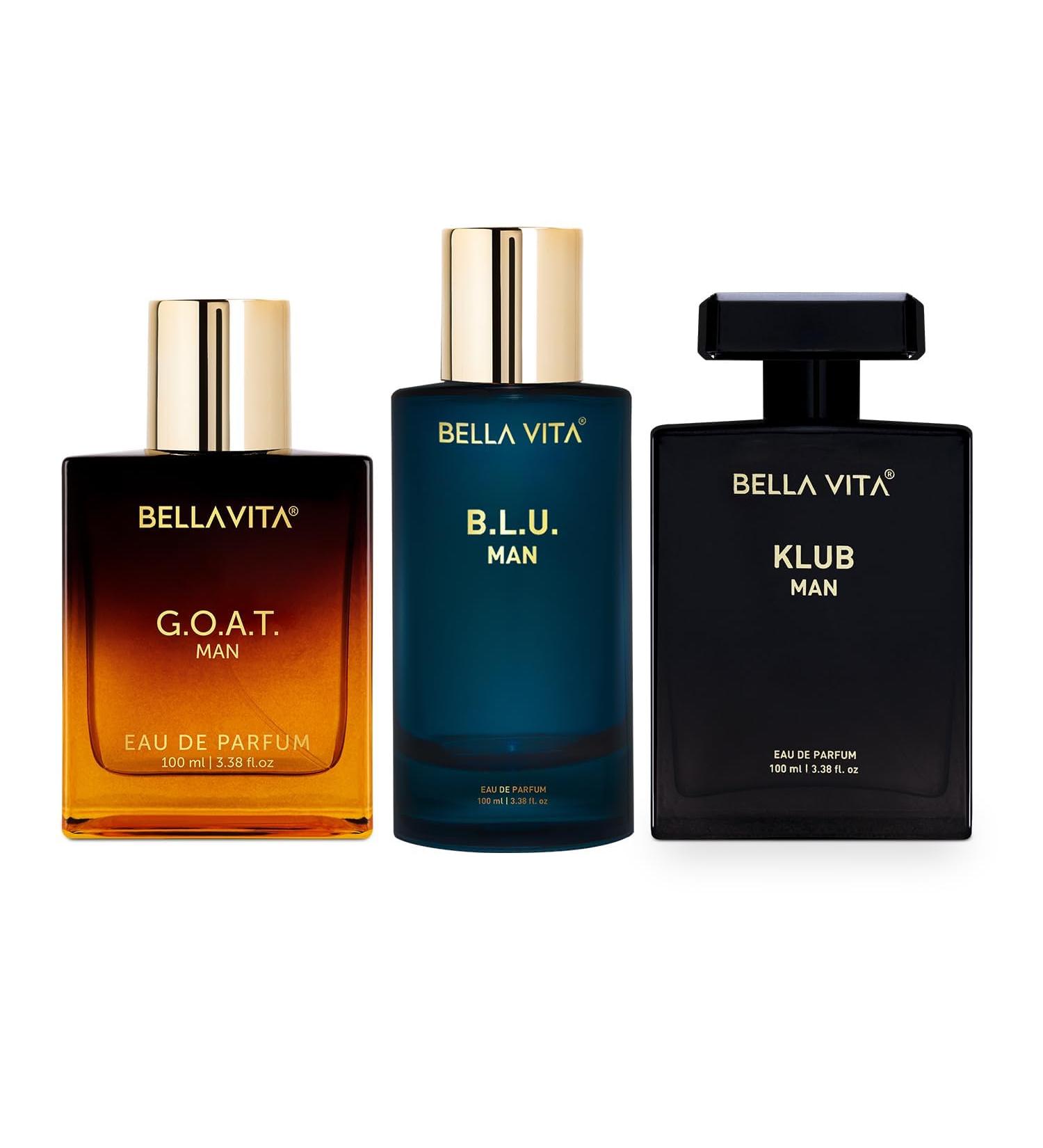 Bloom Beauty Bella Vita Luxury Best of Men Perfumes Combo Pack of 3 Premium Long Lasting Edp Fragrance Scents - G.O.A.T B.L.U Klub 100 Ml Each Wood Liquid - Buy Online on GoSupps.com