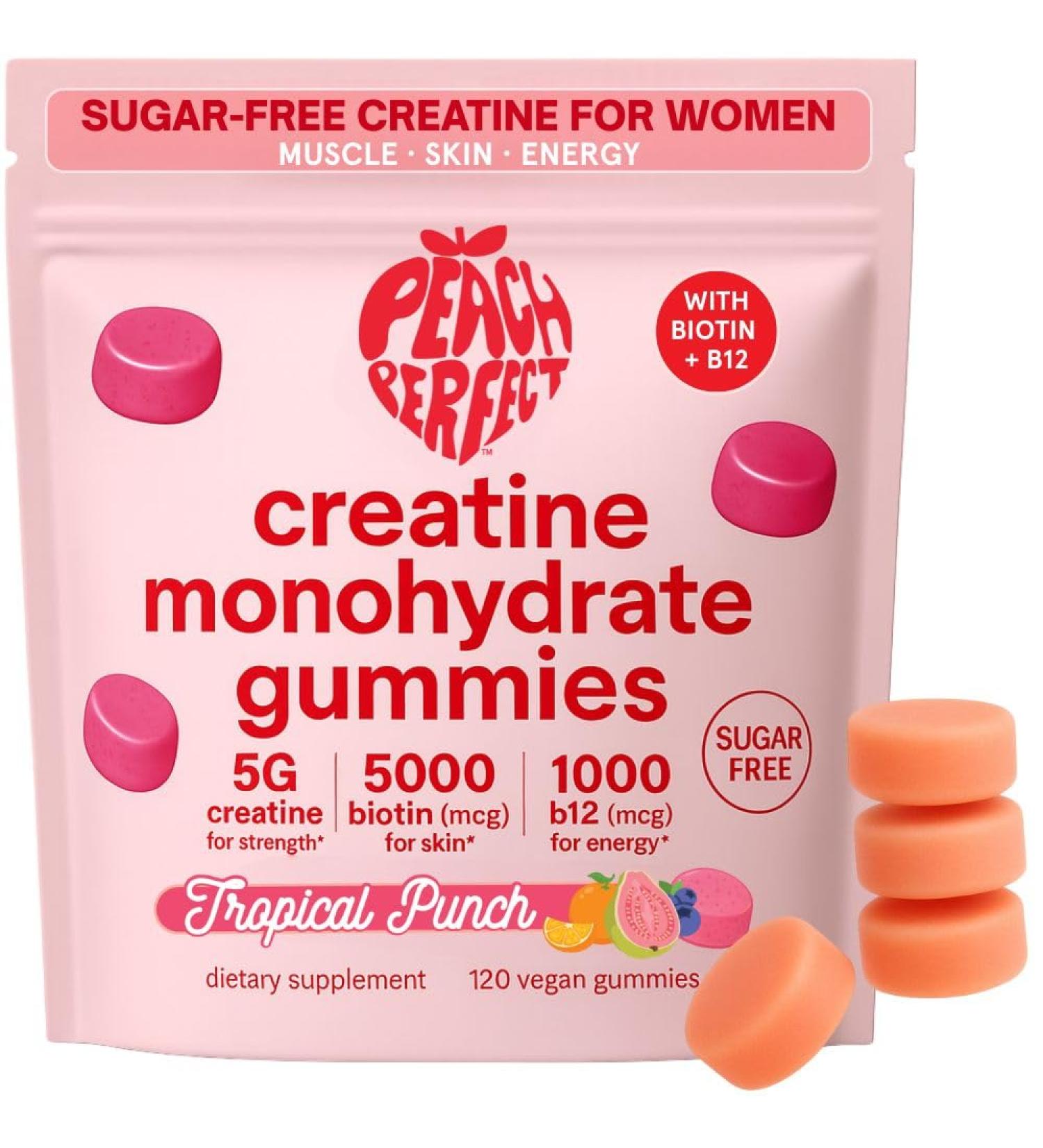 Peach Perfect Creatine Monohydrate Gummies for Women 5g Creatine with 5000mcg Biotin & 1000mcg B12 Vegan Gluten-Free Non-GMO Tropical Punch 30 Servings Tropical Punch 120 Count (Pack of 1) - Buy Online on GoSupps.com