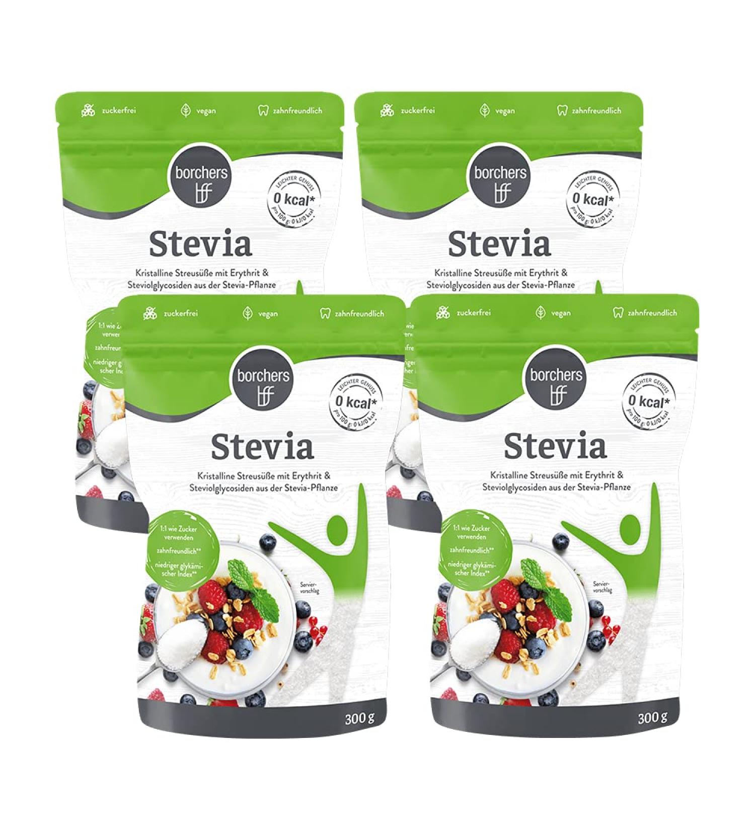 borchers 4x Stevia Crystalline Sprinkled Sweetener | sugar-free & fat-free | for cooking and baking | 4x 300g