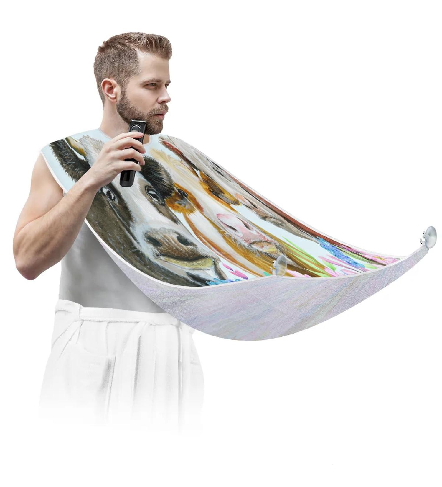Beard Bib Apron for Men - Non-Stick Waterproof Hair Catcher Cape | Ideal for Shaving & Grooming - Cow Butterfly Flower Design - Buy Online on GoSupps.com