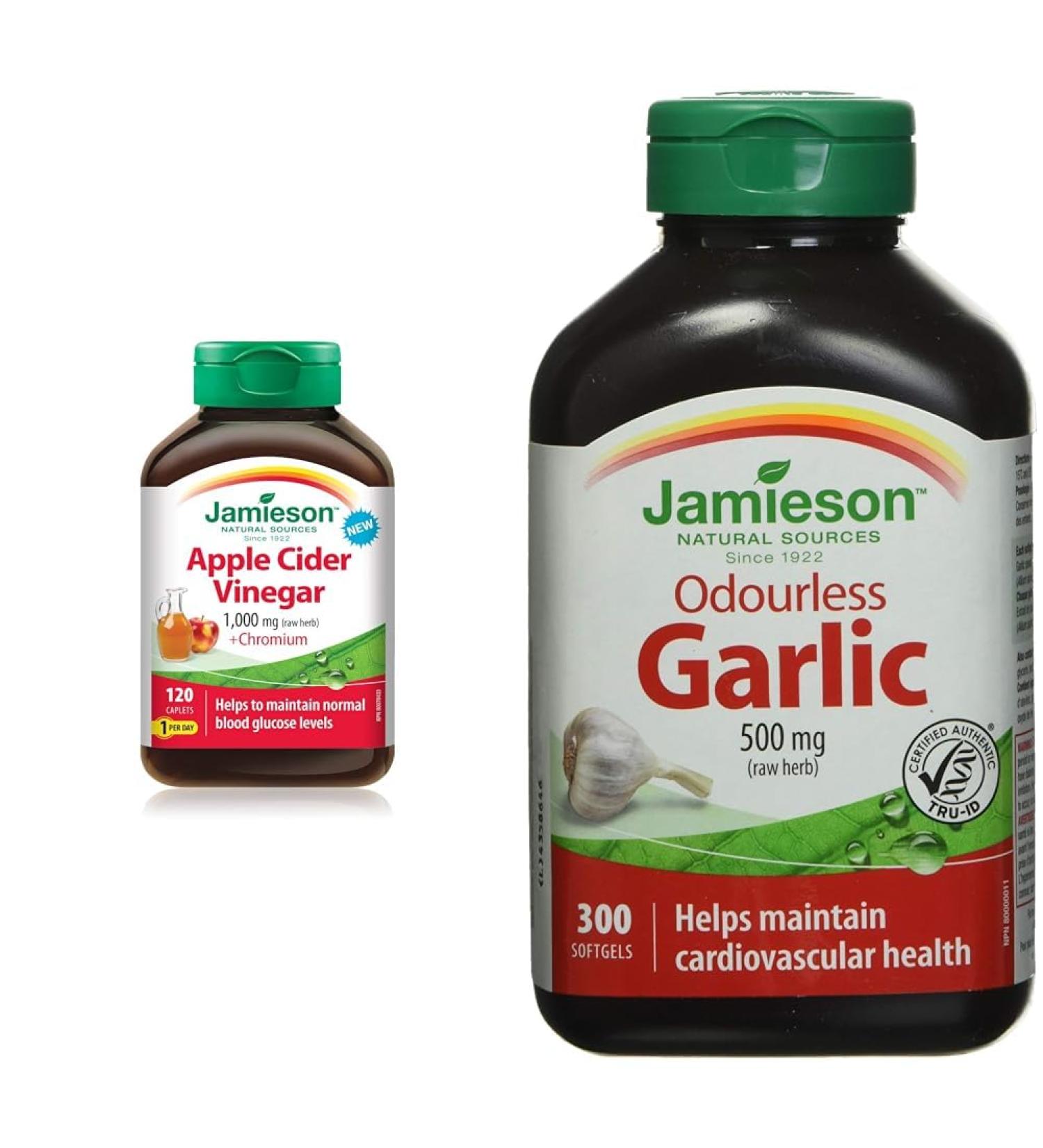 Jamieson Apple Cider Vinegar 1 000 mg Plus Chromium - Gluten-Free & Odourless Garlic 500mg 300 Softgels - Buy Online on GoSupps.com