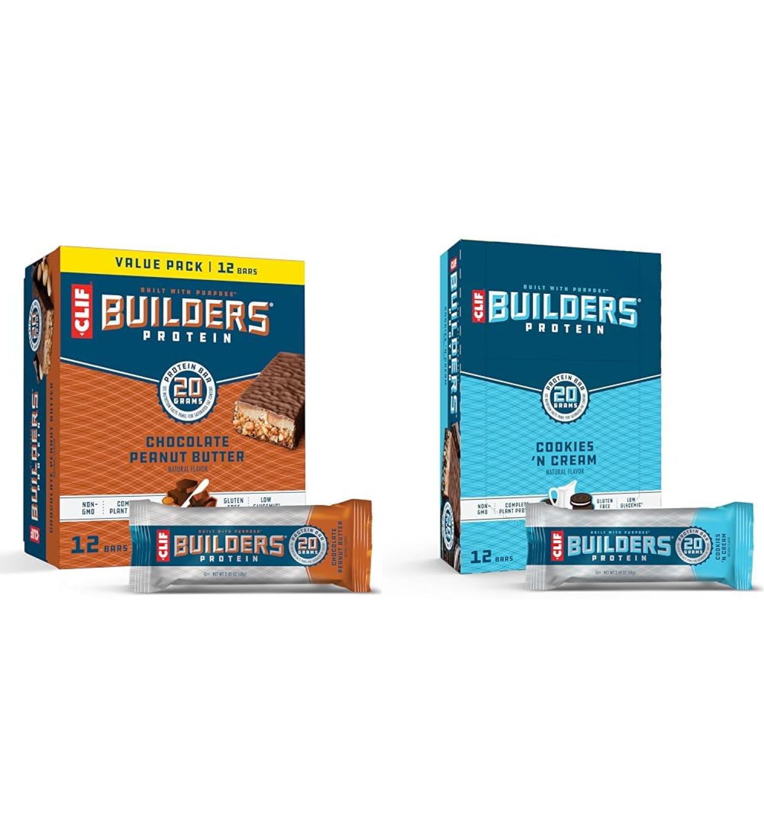 CLIF Builders Chocolate Peanut Butter & Cookies 'n Cream Protein Bars Bundle - Gluten-Free Non-GMO 20g Protein 2.4 oz. (12 Count) Bars Bars + Cookies 'n Cream Flavor Chocolate Peanut Butter 12 Count (Pack of 1) - Buy Online on GoSupps.com