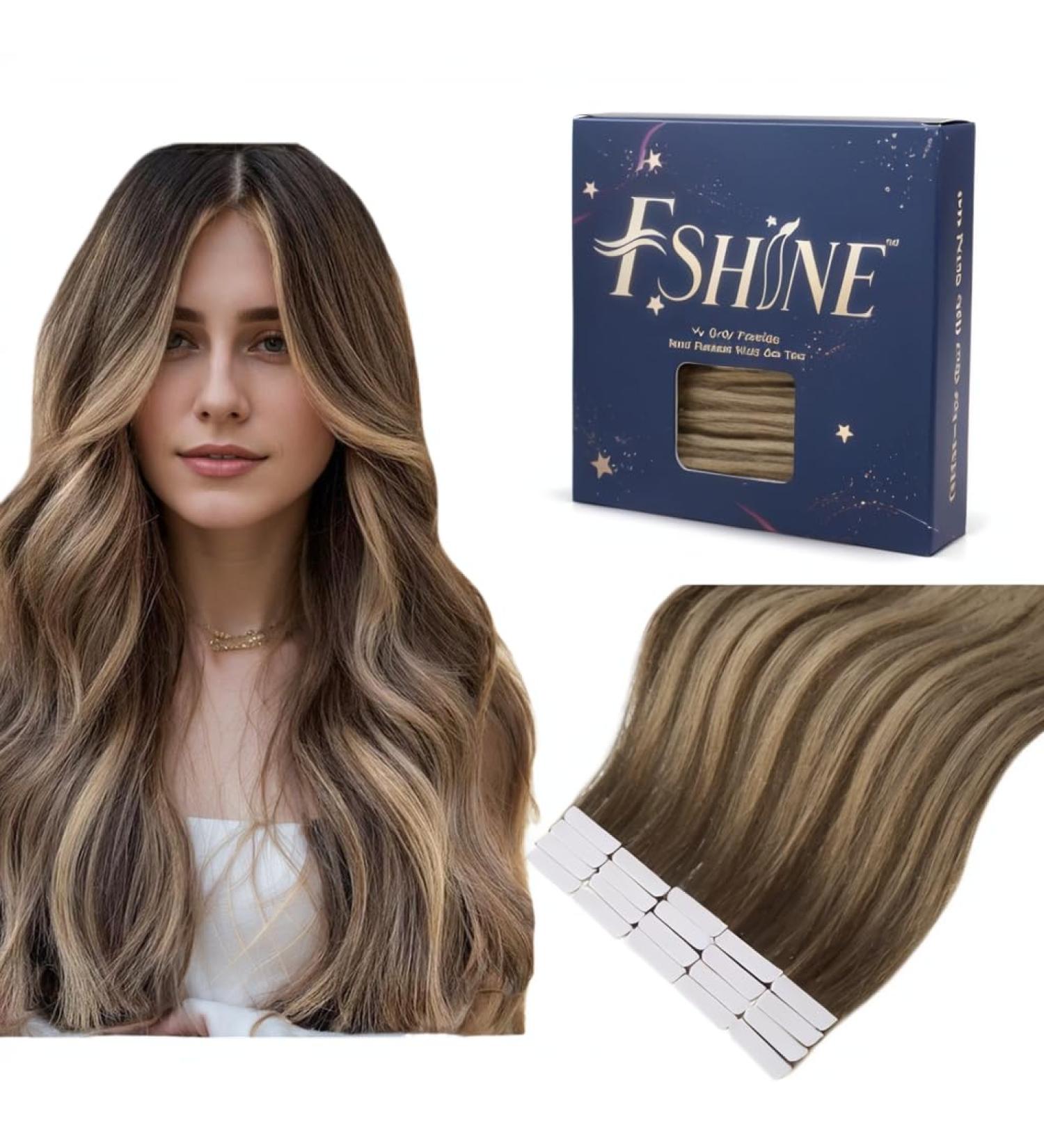 Fshine Tape In Extensions - Real Hair Balayage Brown 35cm | Dark Brown & Caramel Blonde Skin Weft Hair Extensions #4/24/4 & #4/27/4 | 50g - Buy Online on GoSupps.com