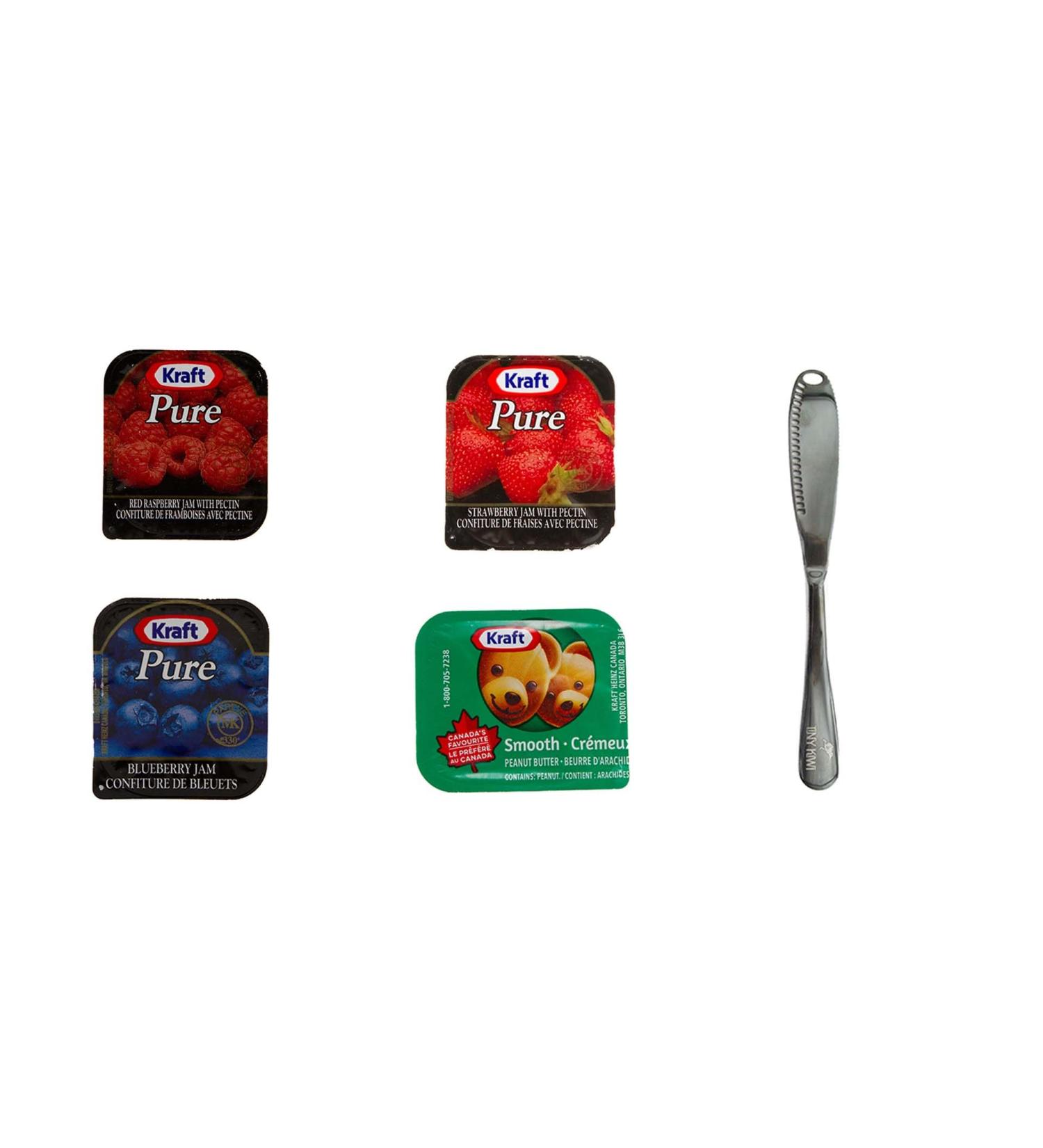 Condiment bundle with stainless steel spreader knife 15 Kraft peanut butter packets 10 Kraft strawberry jam packets 10 Kraft raspberry packets 10 Kraft blueberry packets - Perfect for on-the-go snacking and meal prep. Total of 45 portion packets. - Buy Online on GoSupps.com