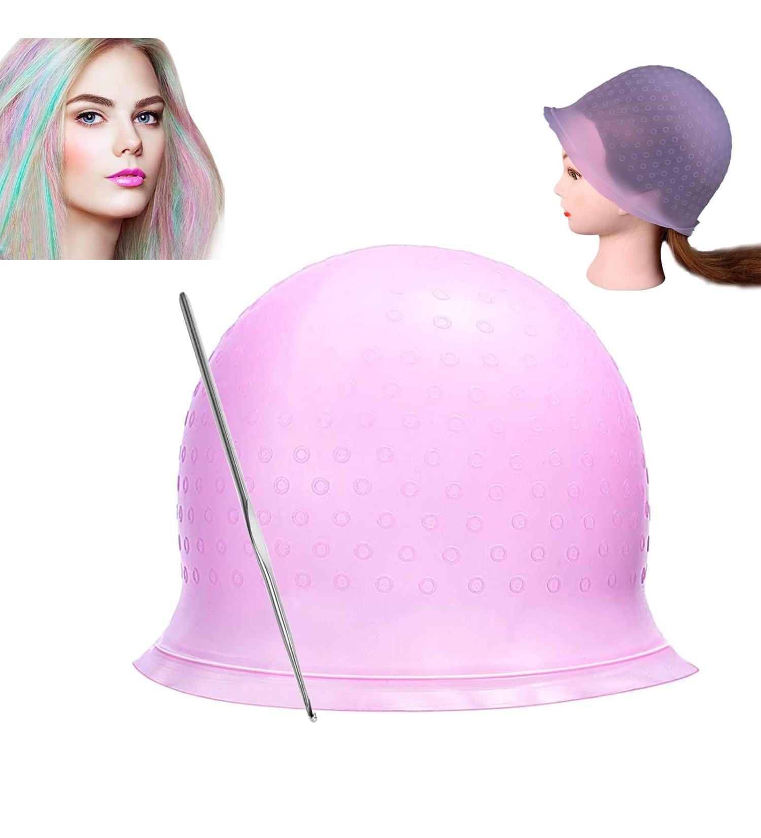 Silicone Hair Highlighting Cap - Reusable Dye Tools with Metal Hook (Purple/Pink) - Buy Online on GoSupps.com
