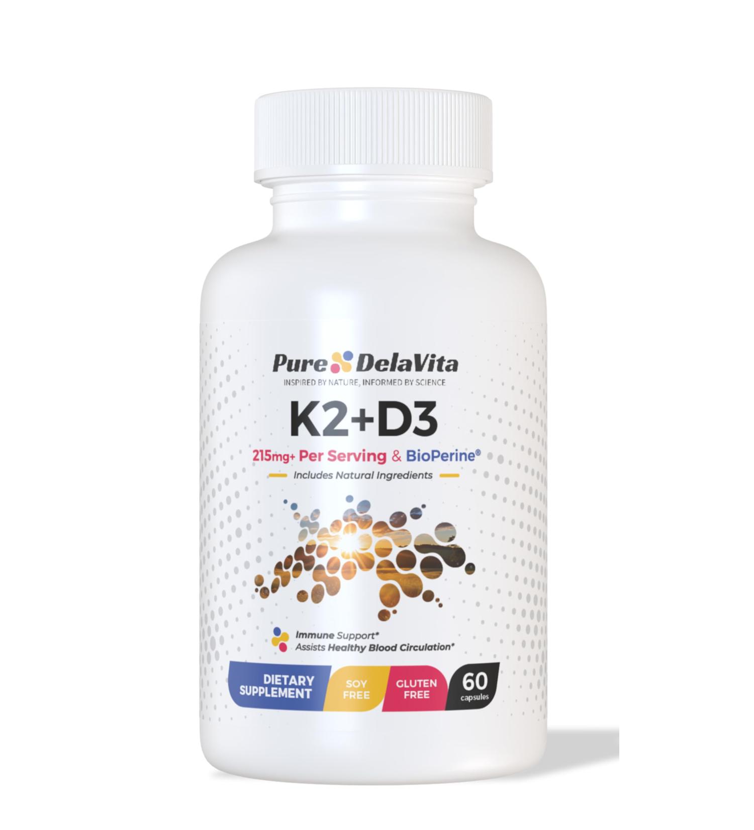 Pure DelaVita K2 + D3 with BioPerine 215mg+ Per Serving Supports Bone Heart & Immune Health Calcium & Black Pepper Extract for Better Absorption Gluten Free Soy Free 60 Veggie Capsules