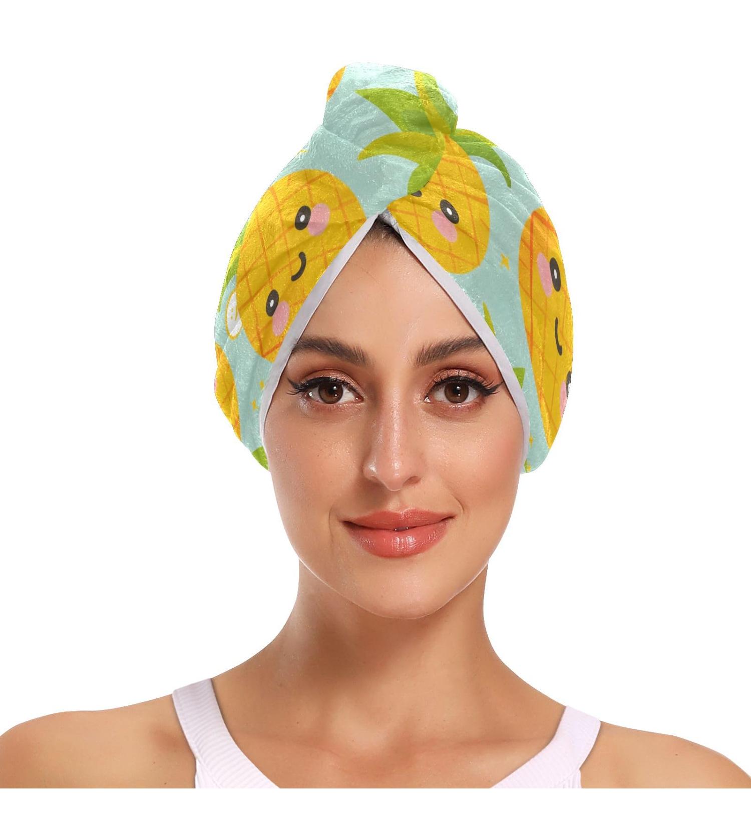 Super Absorbent Yellow Pineapple Teal Hair Towel 2 Pack | Quick Dry Hair Turbans for Women & Girls - Buy Online on GoSupps.com