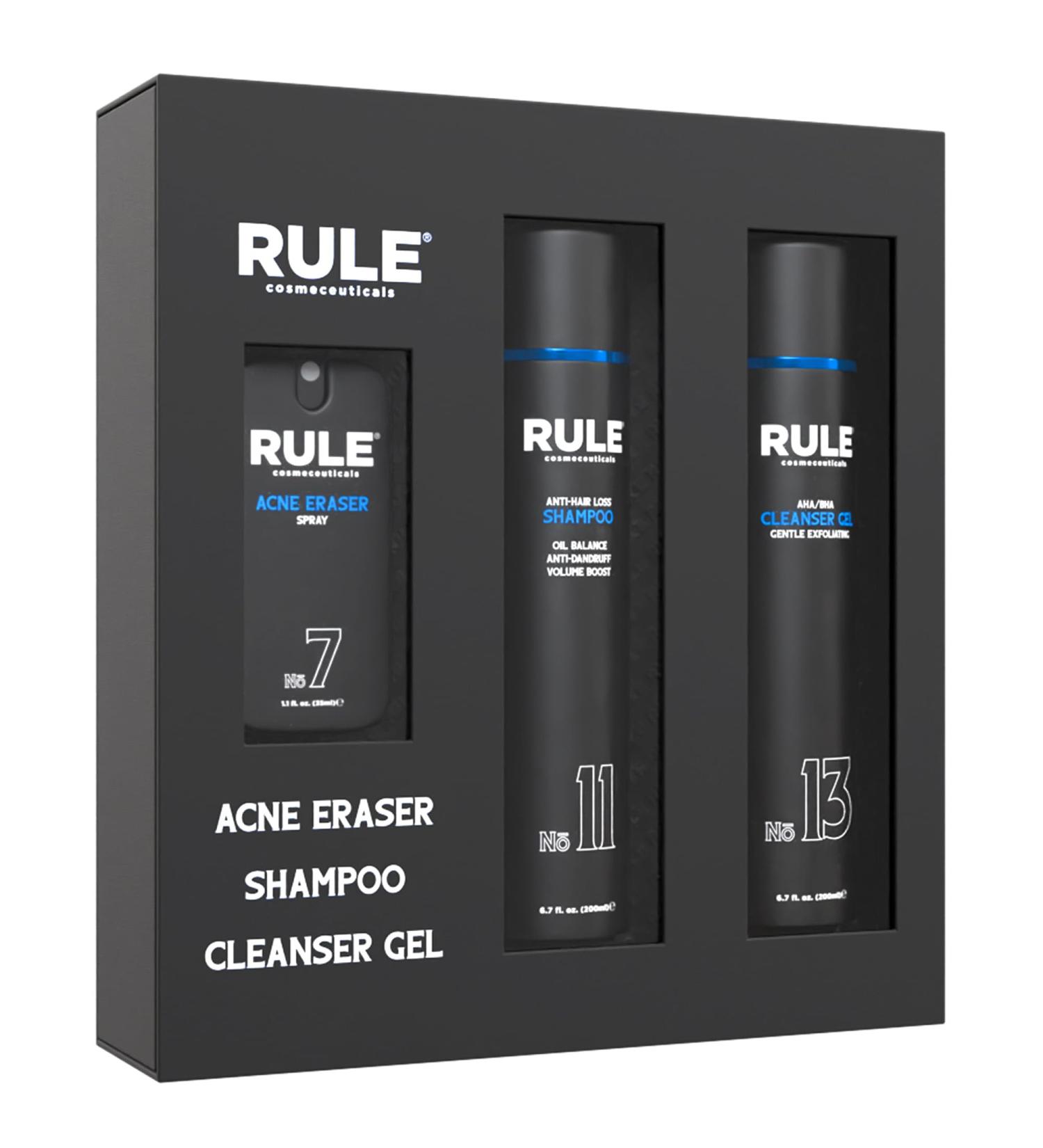 Rule Cosmeceuticals - Men's Face & Hair Kit No.7 Body Acne Spray No.11 Anti Hair Loss Shampoo & No.13 Gel Cleanser Hair Care and Skin Care Set - Buy Online on GoSupps.com