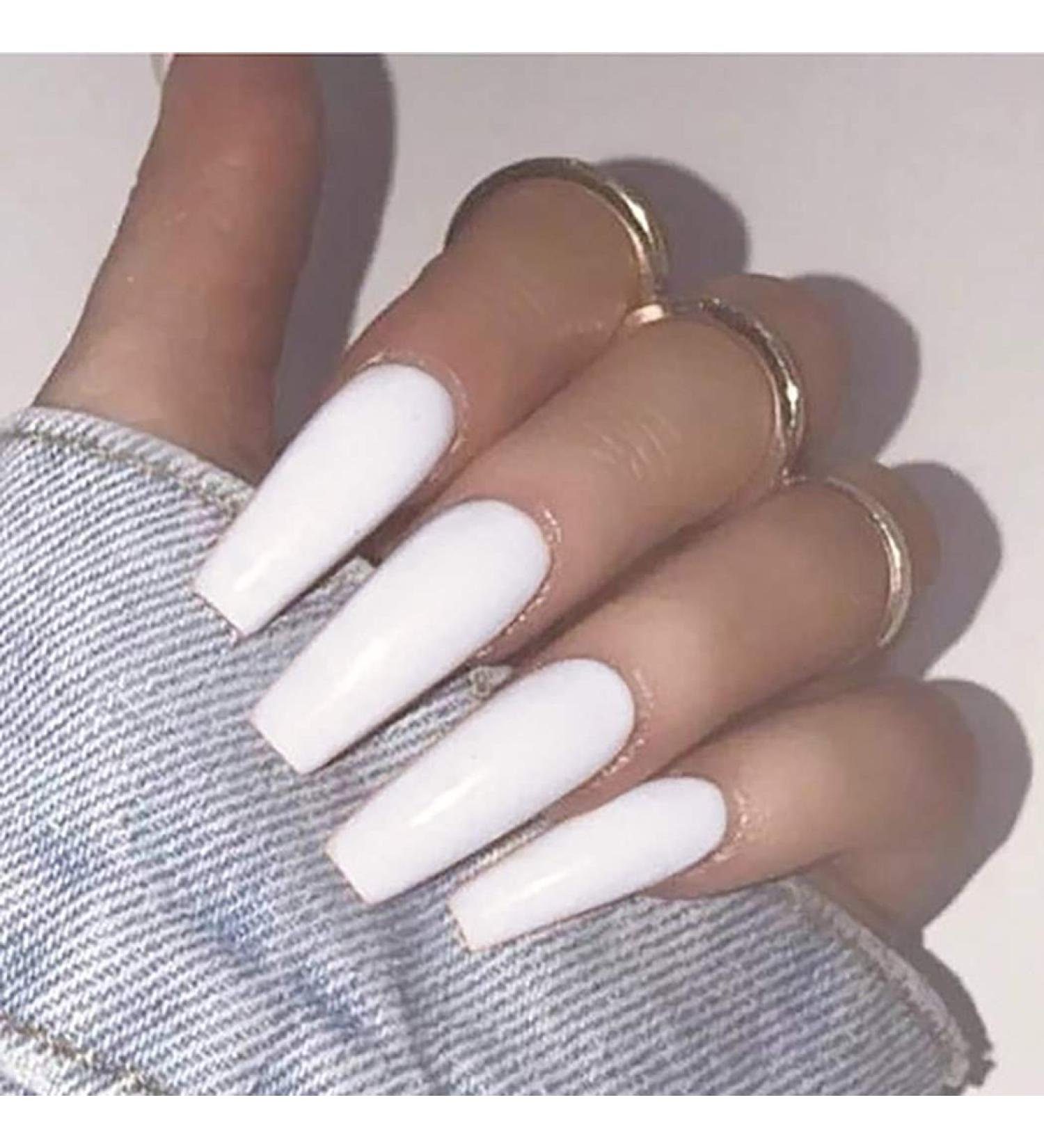 Brishow Long Coffin False Nails - White Ballerina Stick on Nails for Women and Girls - Buy Online on GoSupps.com