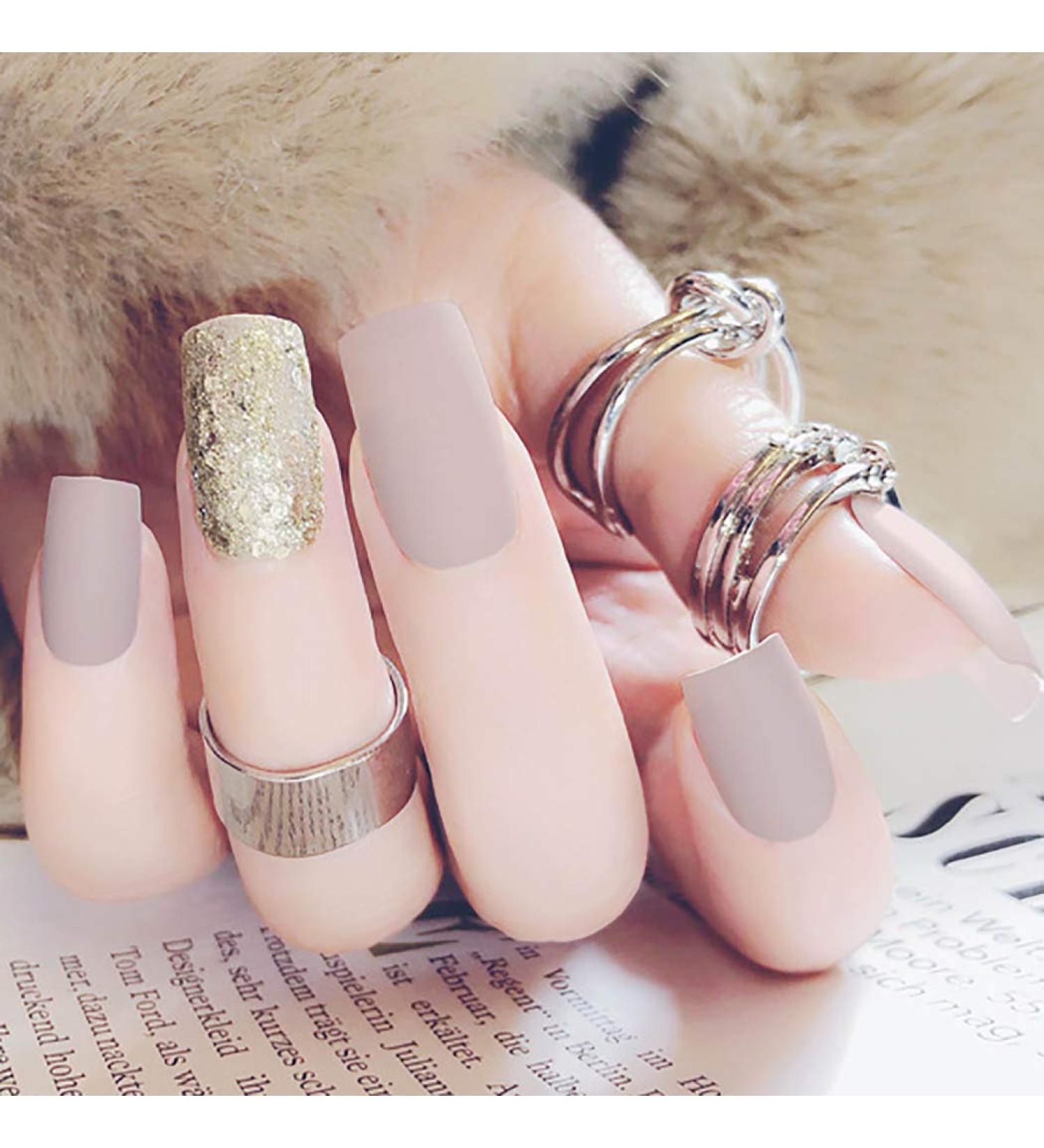 Fairvir Matte Gray Bling Sequin Acrylic Fake Nails - 24PC Punk Fashion Clip-On Nails for Women & Girls - Buy Online on GoSupps.com