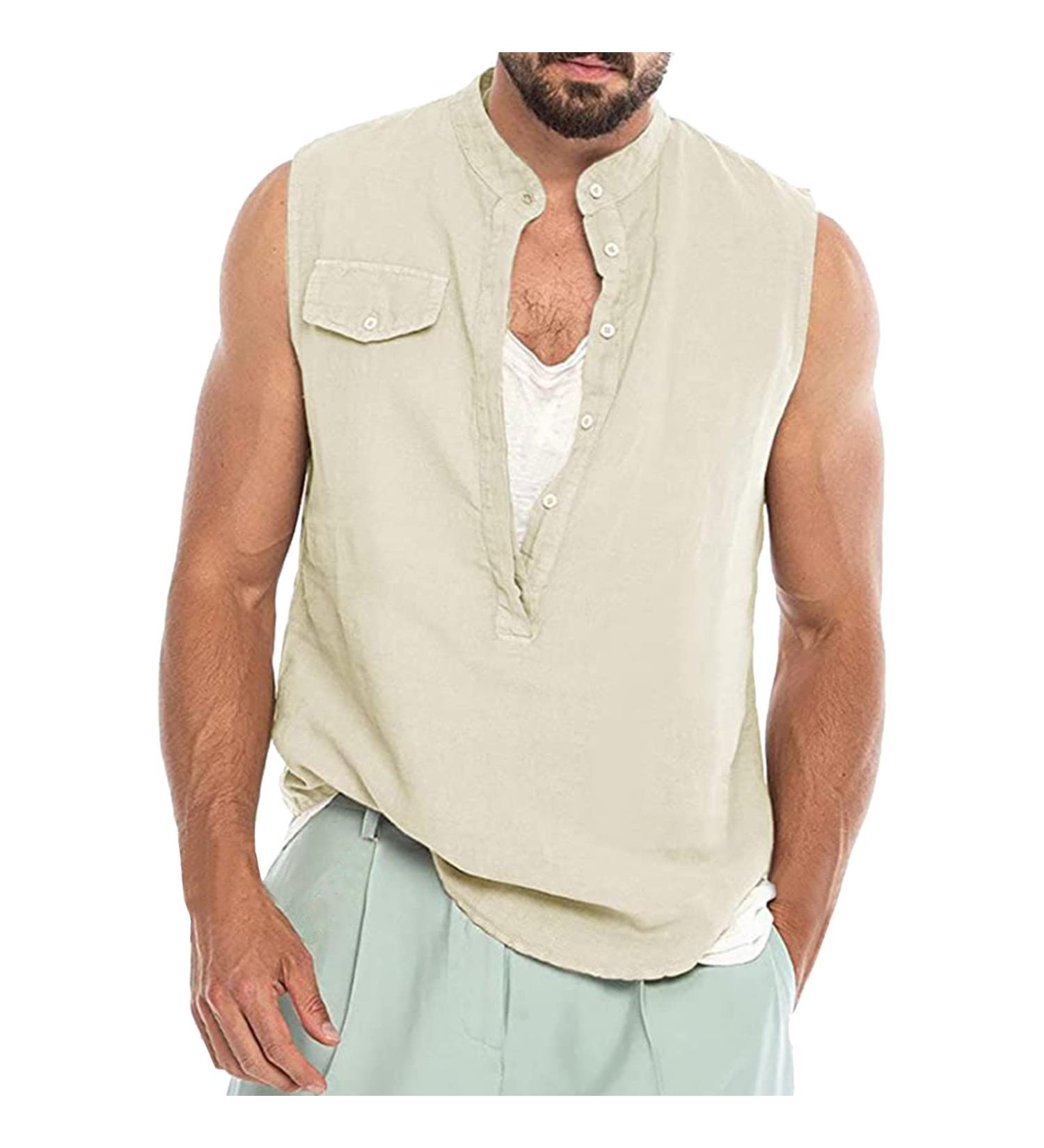 BEUU Men's Cotton Linen Sleeveless Henley V-Neck Vest - Khaki XL - Buy Online on GoSupps.com