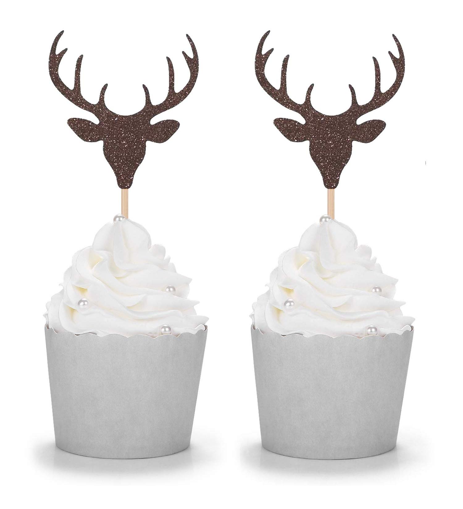 Set of 24 Brown Glitter Antler Cupcake Toppers Kid's Party Baby Shower Wedding Decorations