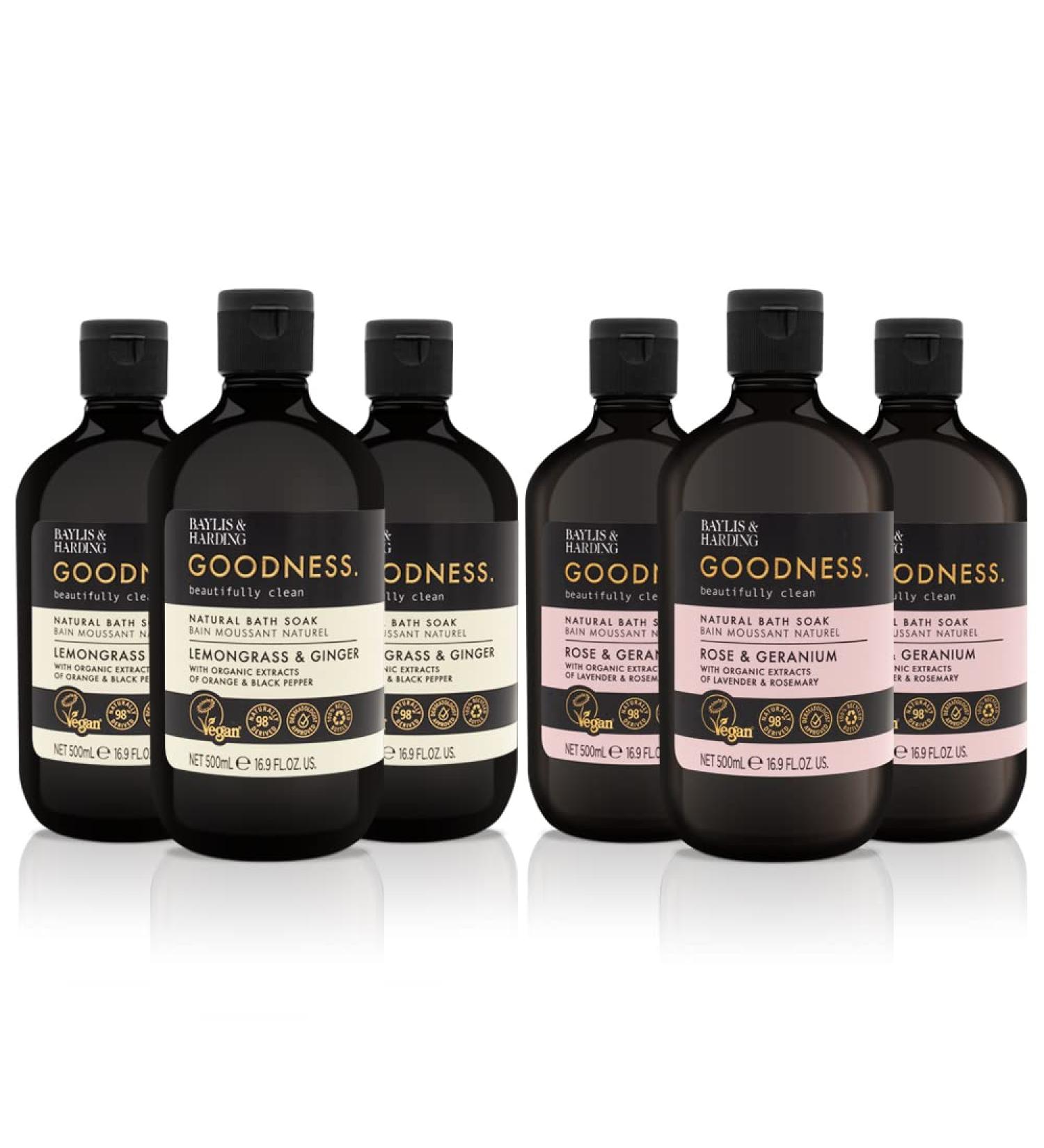 Baylis & Harding Goodness Bath Soak Bundle - 6 x 500ml Lemongrass & Ginger + Rose & Geranium - Vegan Friendly - Buy Online on GoSupps.com