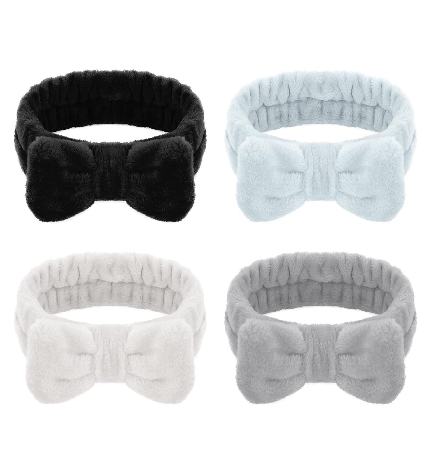 Heyu-Lotus Spa Bowknot Hair Bands | 4-Piece Coral Fleece Makeup Headbands for Face Wash Shower Yoga & Skin Care - Black White Gray Blue - Buy Online on GoSupps.com