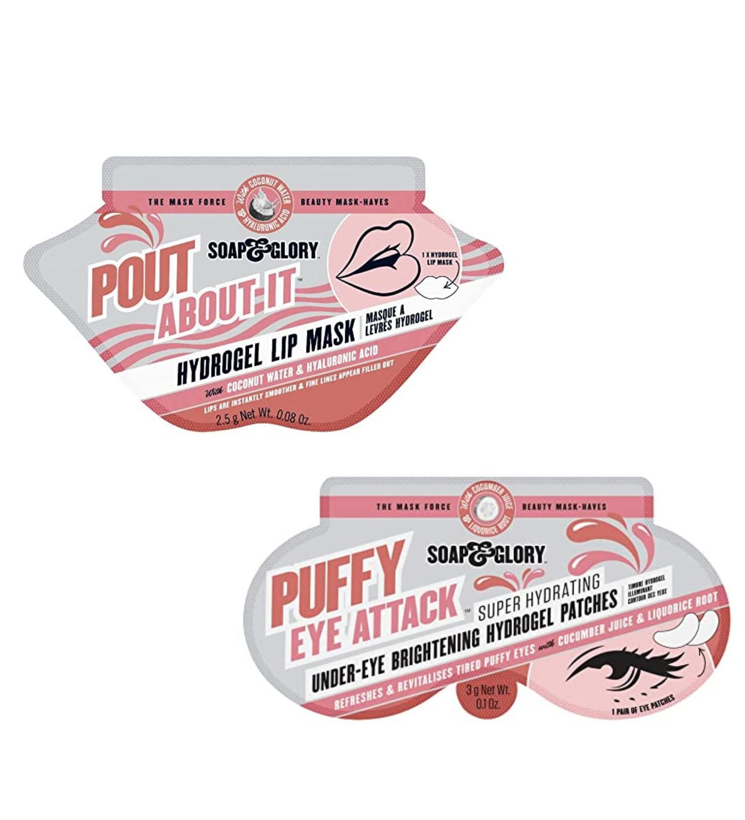 Soap & Glory Mask Duo: Pout About It Hydrogel Lip Mask & Puffy Eye Attack Brightening Under Eye Mask - 2.5g & 1 Count - Buy Online on GoSupps.com