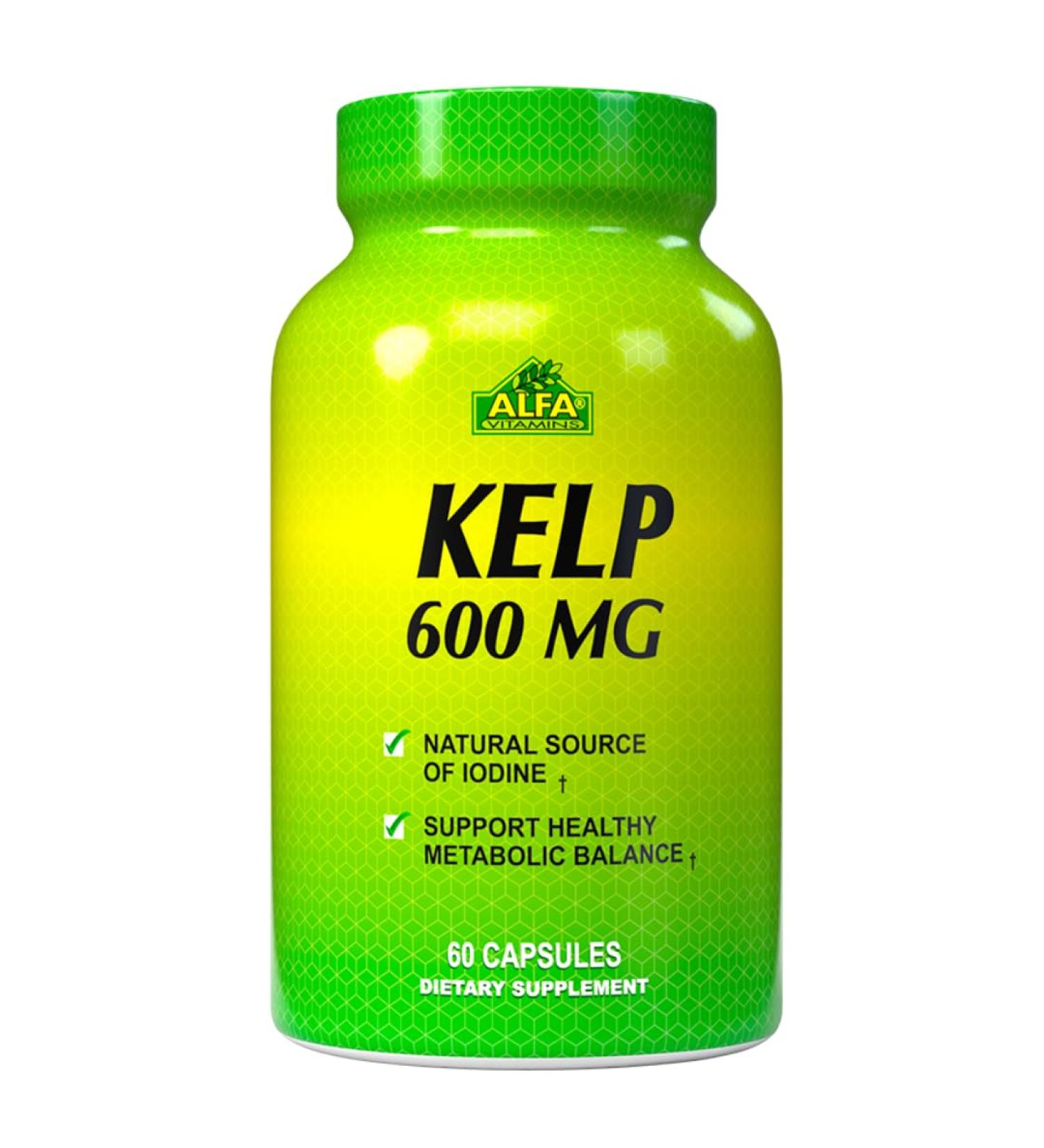 Alfa Vitamins Kelp 600mg Capsules with Iodine 600mcg for a Healthy Digestive System and Weight Function - 60 Capsules