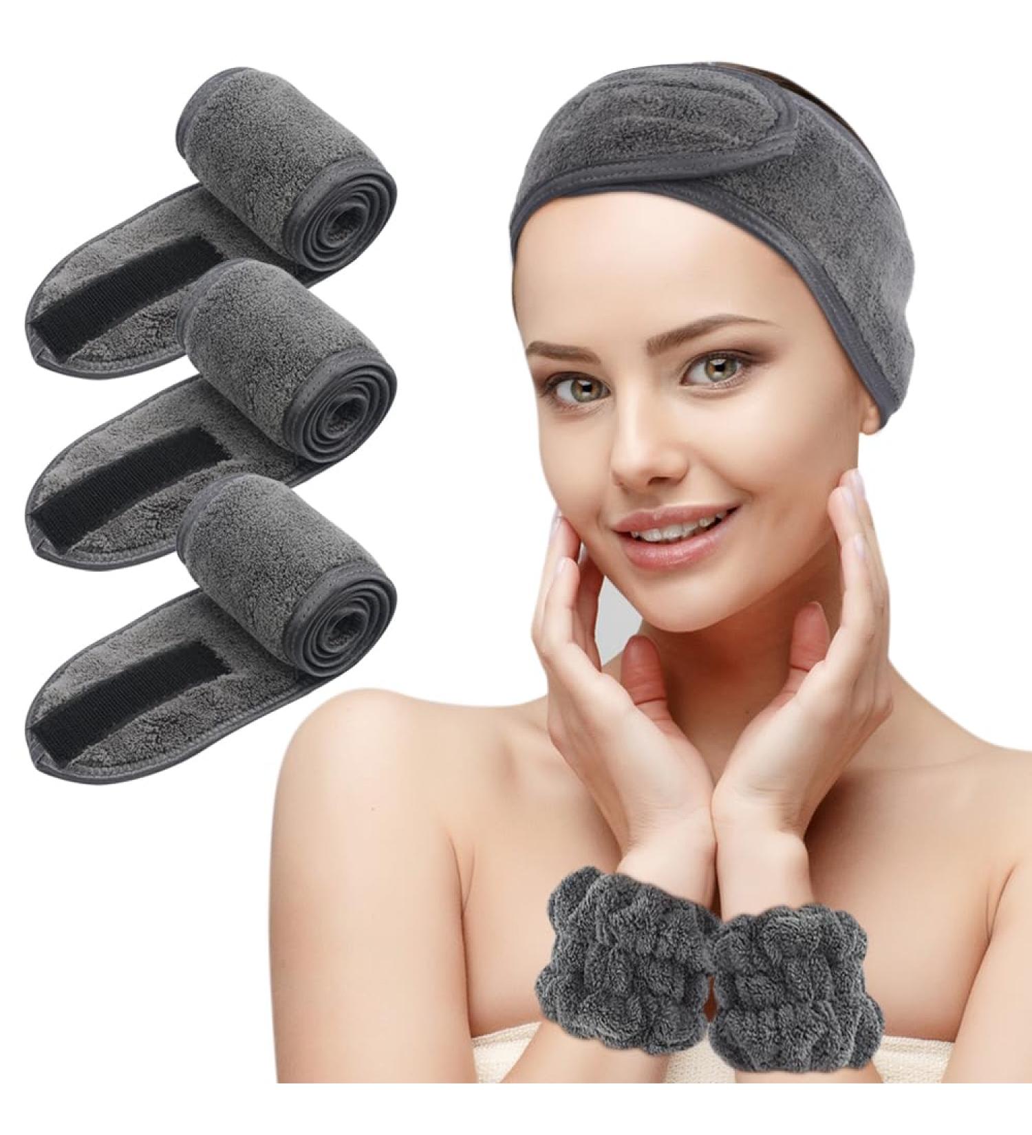 Kinhwa Cosmetics Terry Headband & SPA Bracelets Set - Hair Protection Tape with Velcro Fastener for Makeup - Washable Dark Gray (3 Pack) - Buy Online on GoSupps.com