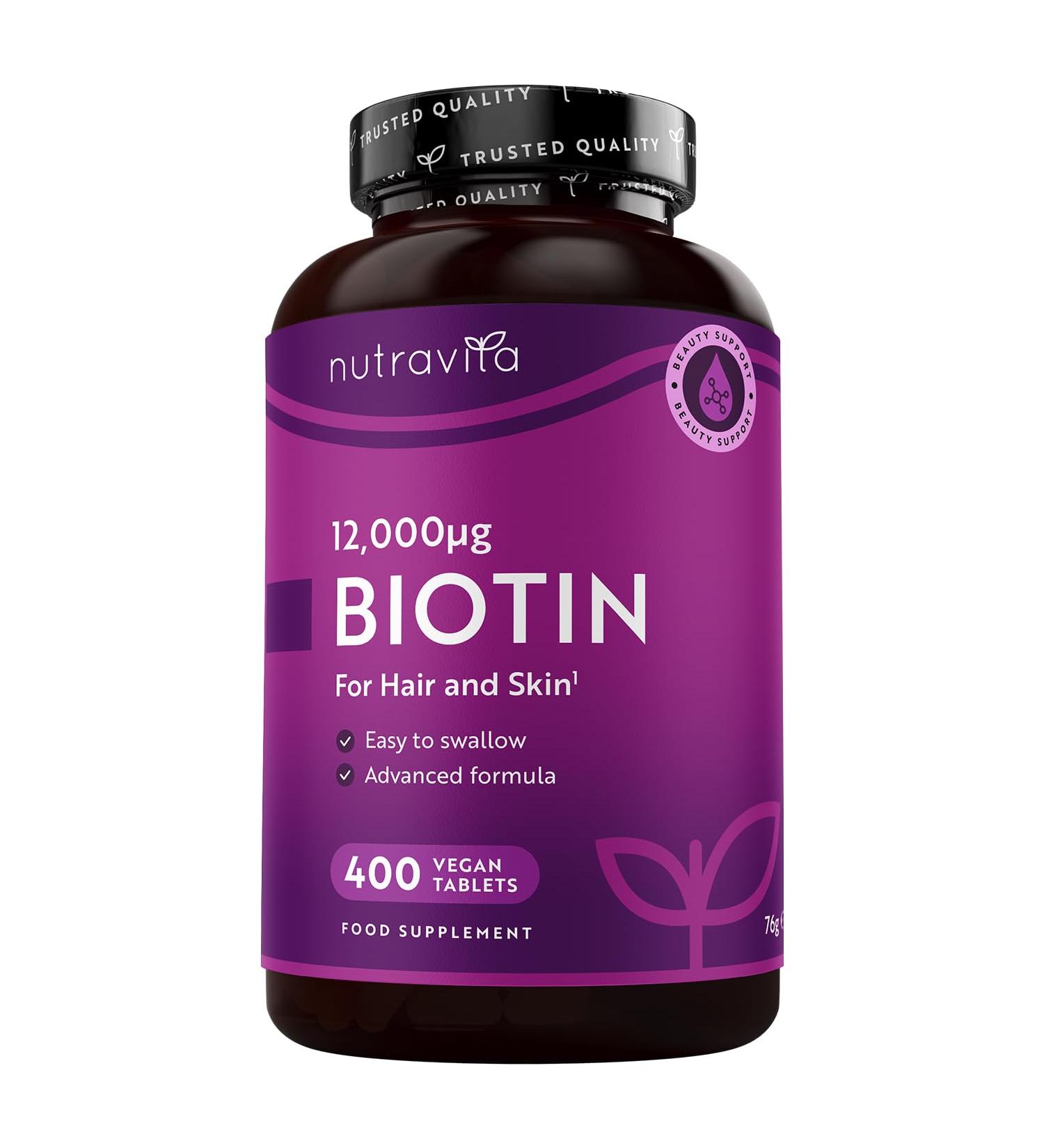 Biotin Hair Growth Supplement 12 000mcg 400 Vegan Tablets (13+ Month Supply) High Strength Vitamin B7 12000UG - Supports Skin & Hair Growth High Absorption Biotin Pills for Women & Men Nutravita - Buy Online on GoSupps.com