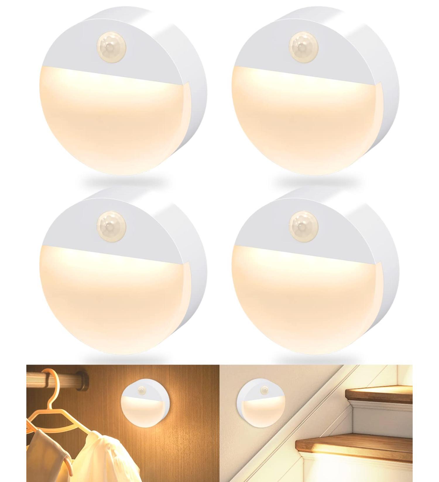 Flowood Night Light with Motion Detector - 4 LED Stair Lights for Kids' Rooms Hallways Bedrooms Kitchen & Cabinets - Battery Operated Warm White T031-W4 - Buy Online on GoSupps.com