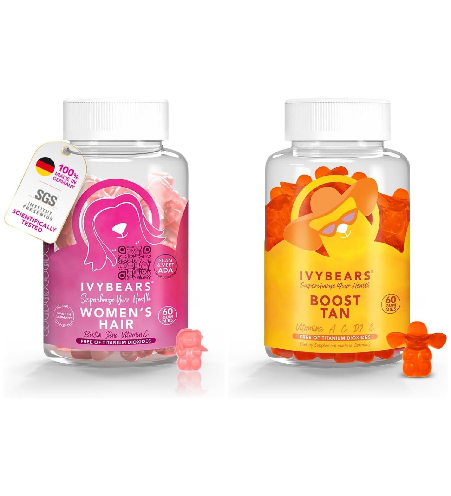 IvyBears Glow & Hair Pack for Women Hair Vitamin + Glow Tanning Gummies Vegan Gummies with Biotin Collagen Keratin & Beta-Carotene Hair Growth & Natural Tan Support 60 ct Each - Buy Online on GoSupps.com