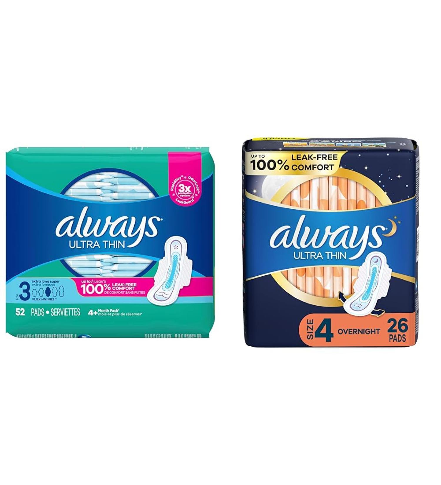 Always Ultra Thin Pads For Women Size 3 Extra Long Super Absorbency With Wings 52 Count & Ultra Thin Pads For Women Size 4 Overnight Absorbency With Wings 26 Count Size 3 (52 Count) Modern + ULTRA THIN 26 SIZE 4 - Buy Online on GoSupps.com
