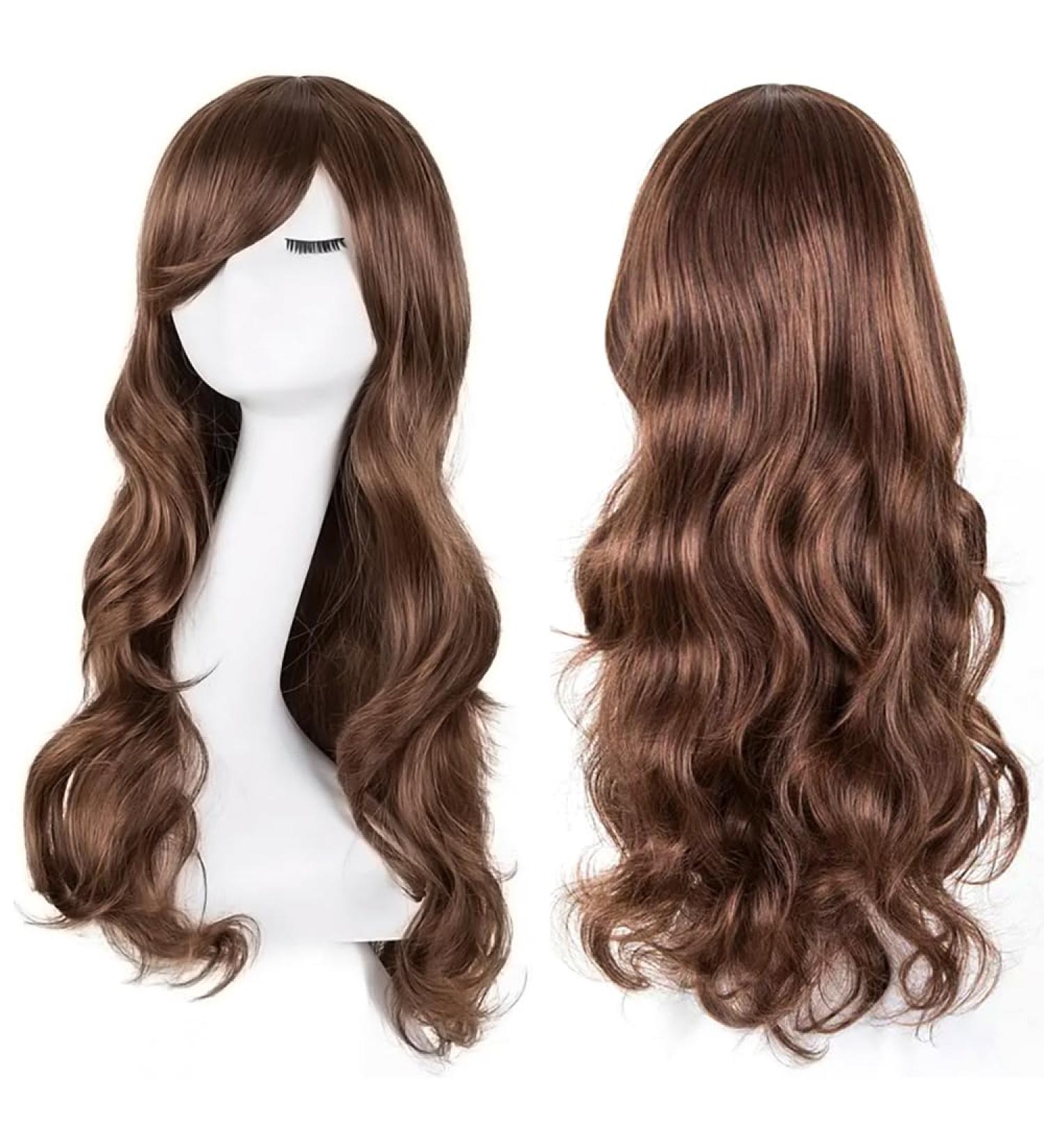 YEESHEDO 32 Long Wavy Curly Cosplay Wig with Bangs - Heat Resistant Synthetic Hair for Women/Girls - Dark Brown - Buy Online on GoSupps.com