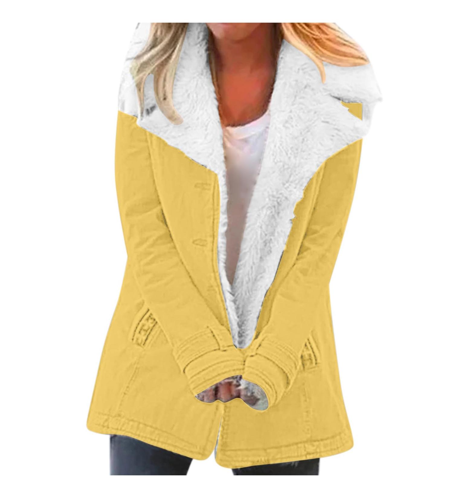 Hanxiulin Women's Fleece Plush Jacket | Warm Zipper Wool Coat | Long Thick Autumn & Winter Down Jacket in Yellow - Buy Online on GoSupps.com