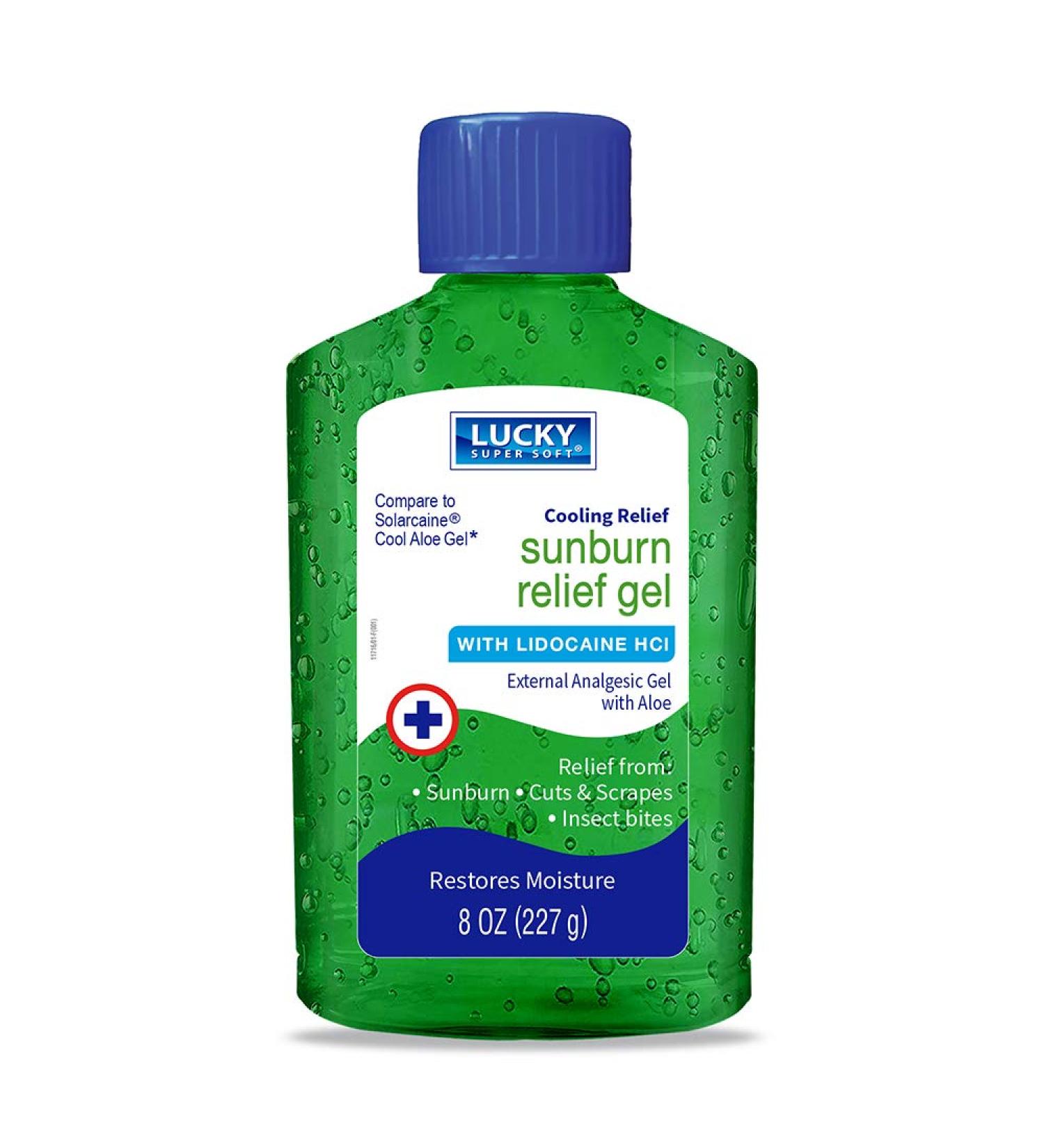 Lucky Super Soft Sunburn Relief Gel with Aloe Vera & Lidocaine - 8 oz | Soothes Pain, Redness, and Itch - Buy Online on GoSupps.com