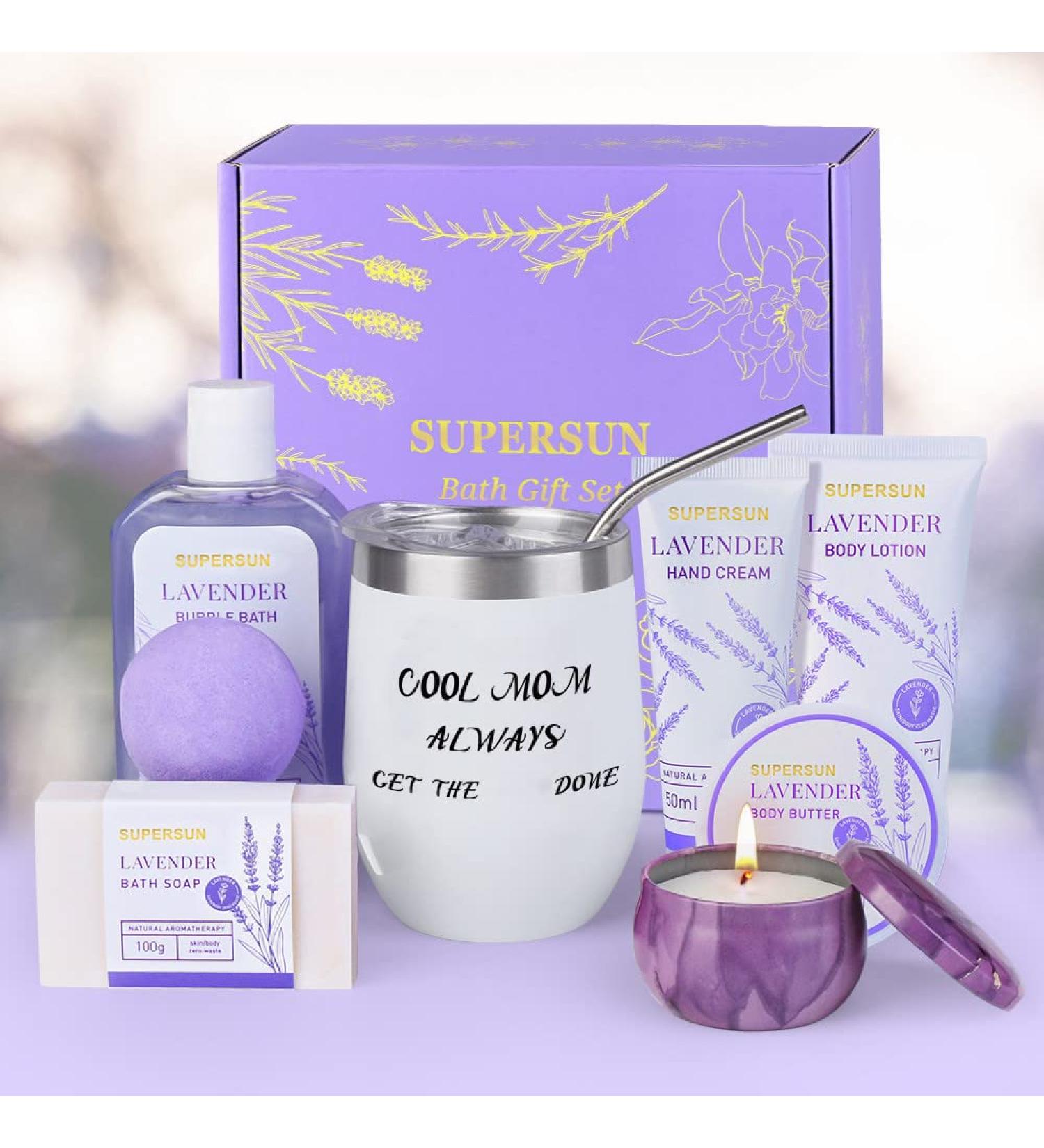 Mother's Day Spa Gift Basket - Lavender Scented Relaxation Set for Mom from Daughter/Son | 8PCS Bath & Body Treats Including Lotion, Bubble Bath, Candle, and Tumbler - Buy Online on GoSupps.com