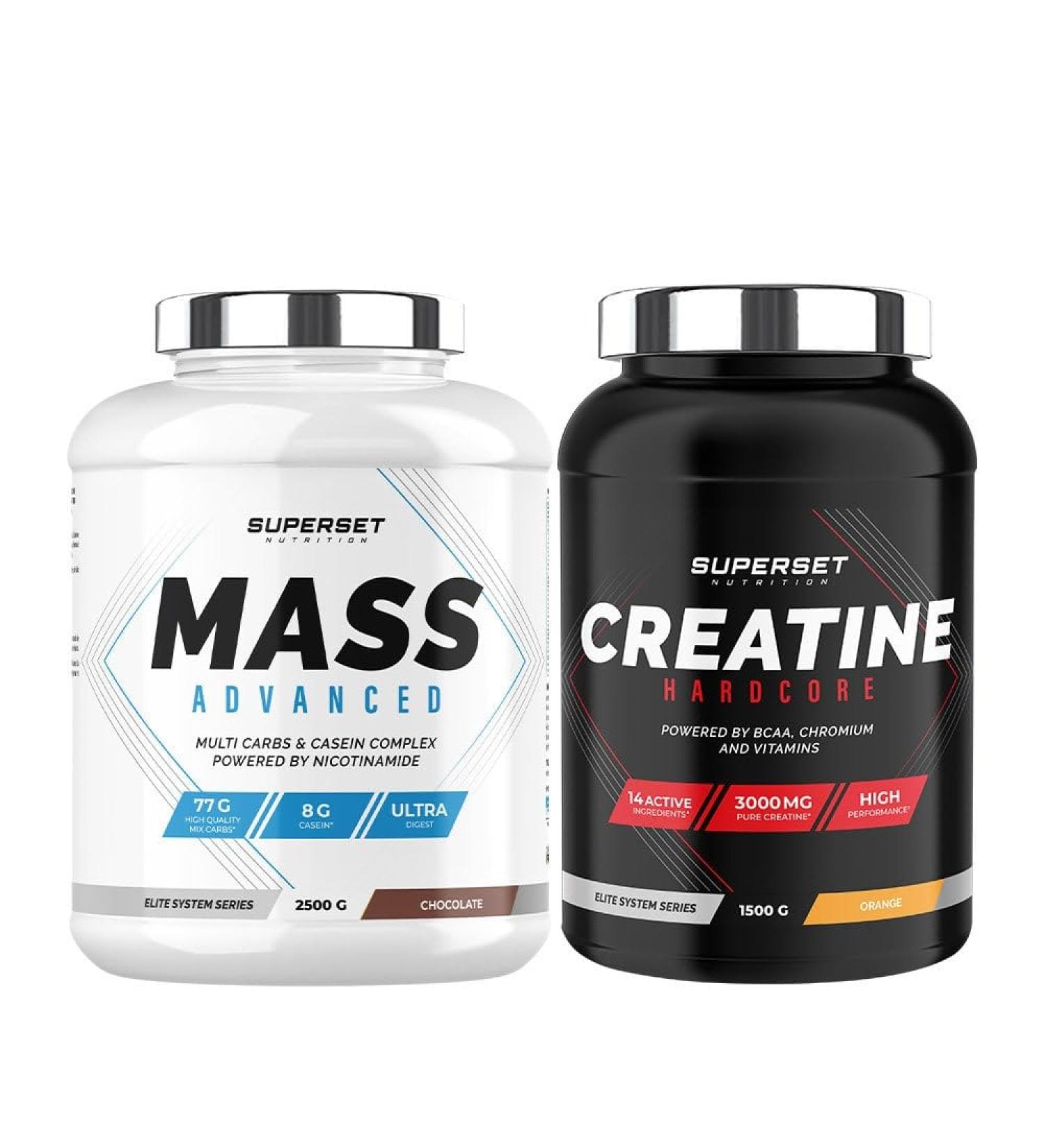 Superset Nutrition | Advanced Mass Gain Program - Mass Advanced 2.5kg Chocolate - Creatine Hardcore 1.5kg Orange | Increases mass gain and intensifies strength and volume in 4 weeks - Buy Online on GoSupps.com