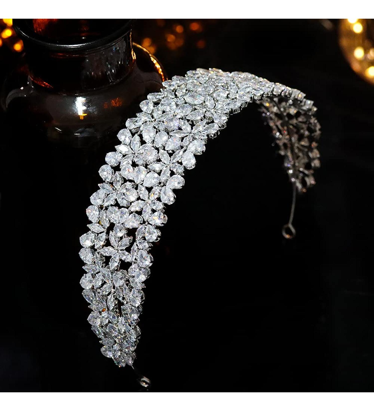 Aoligrace Cubic Zirconia Wedding Bride Headband - Large CZ Tiara for Women, Sweet 16 Hair Accessories (Silver) - Buy Online on GoSupps.com